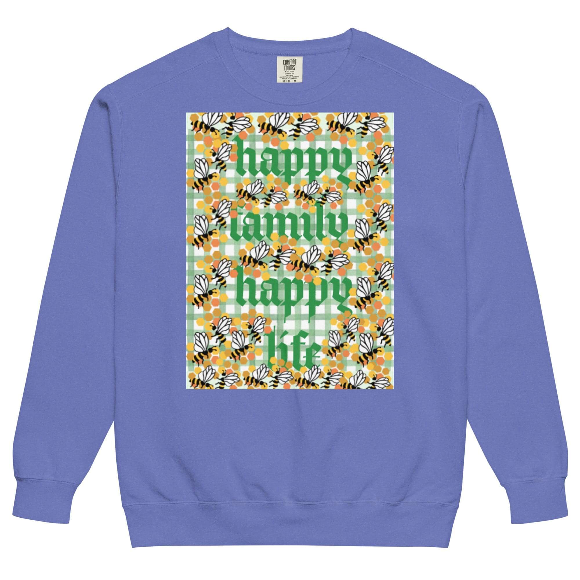 Blue sweatshirt with floral "Happy Family" design.