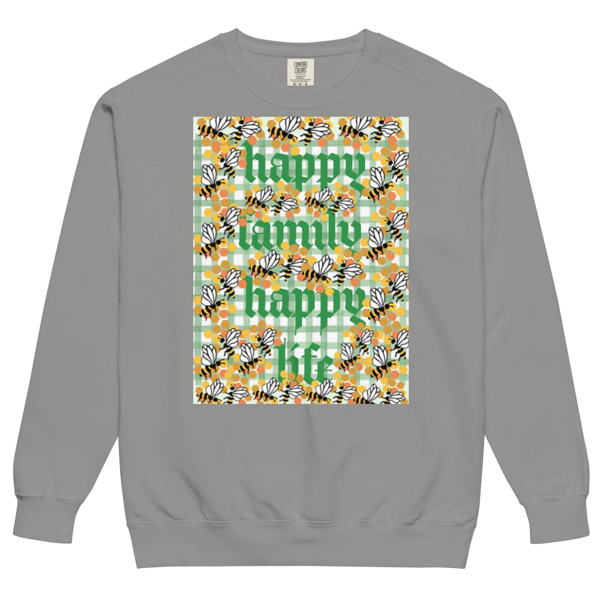 Sweatshirt with floral "Happy Family" design.