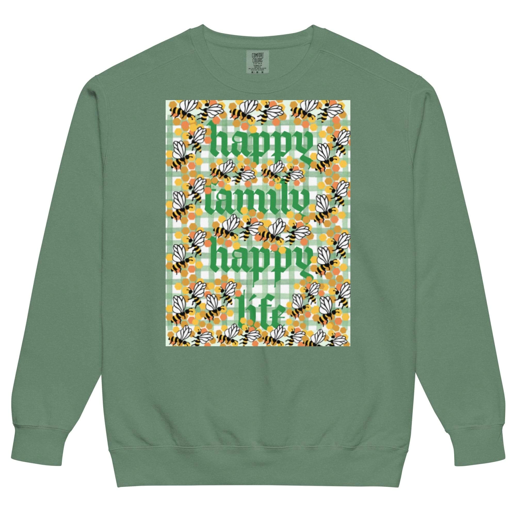 Green sweatshirt with floral text design.