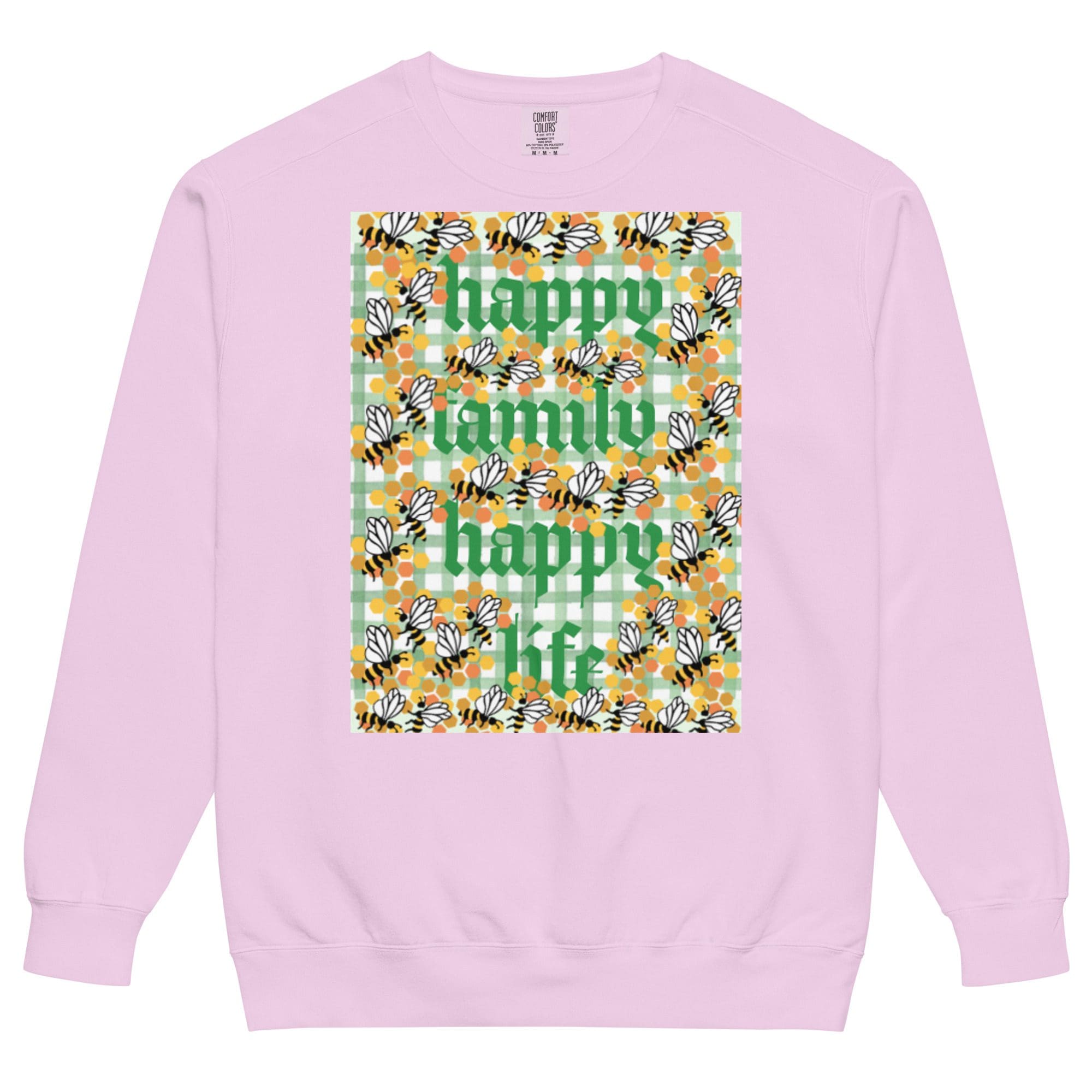 Pink sweatshirt with floral "happy family" design.
