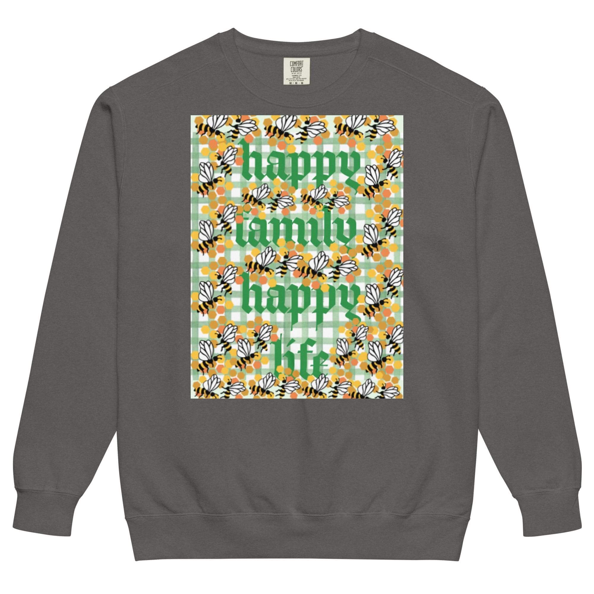 Gray sweatshirt with floral "Happy Family" design.