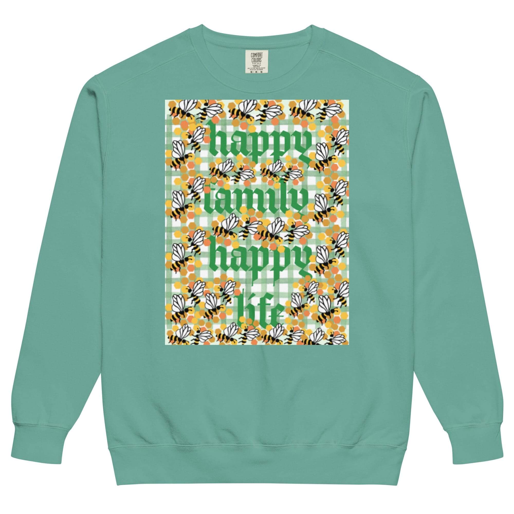 Mint sweatshirt featuring "happy family" floral panel