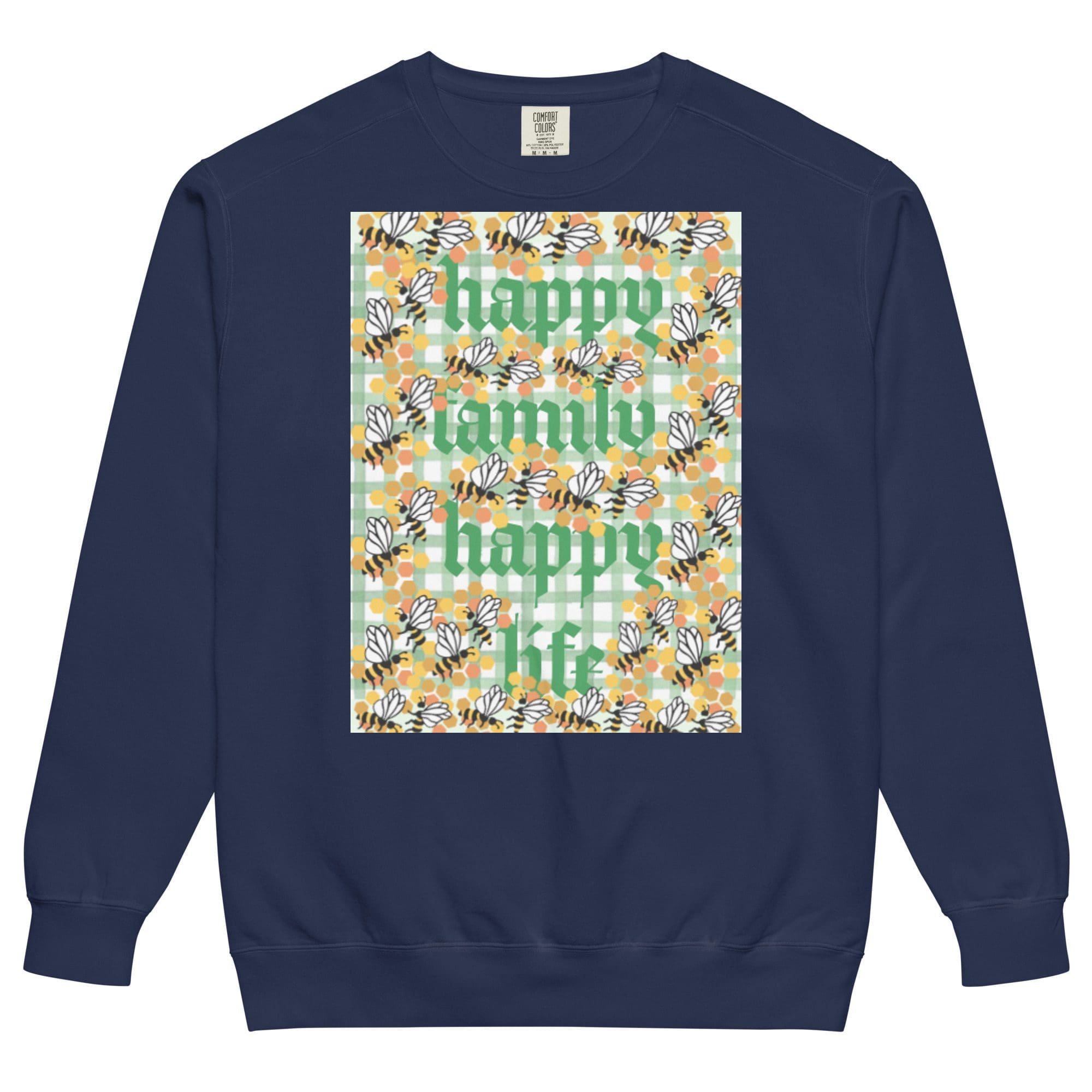 Navy sweatshirt with floral patterned text design.