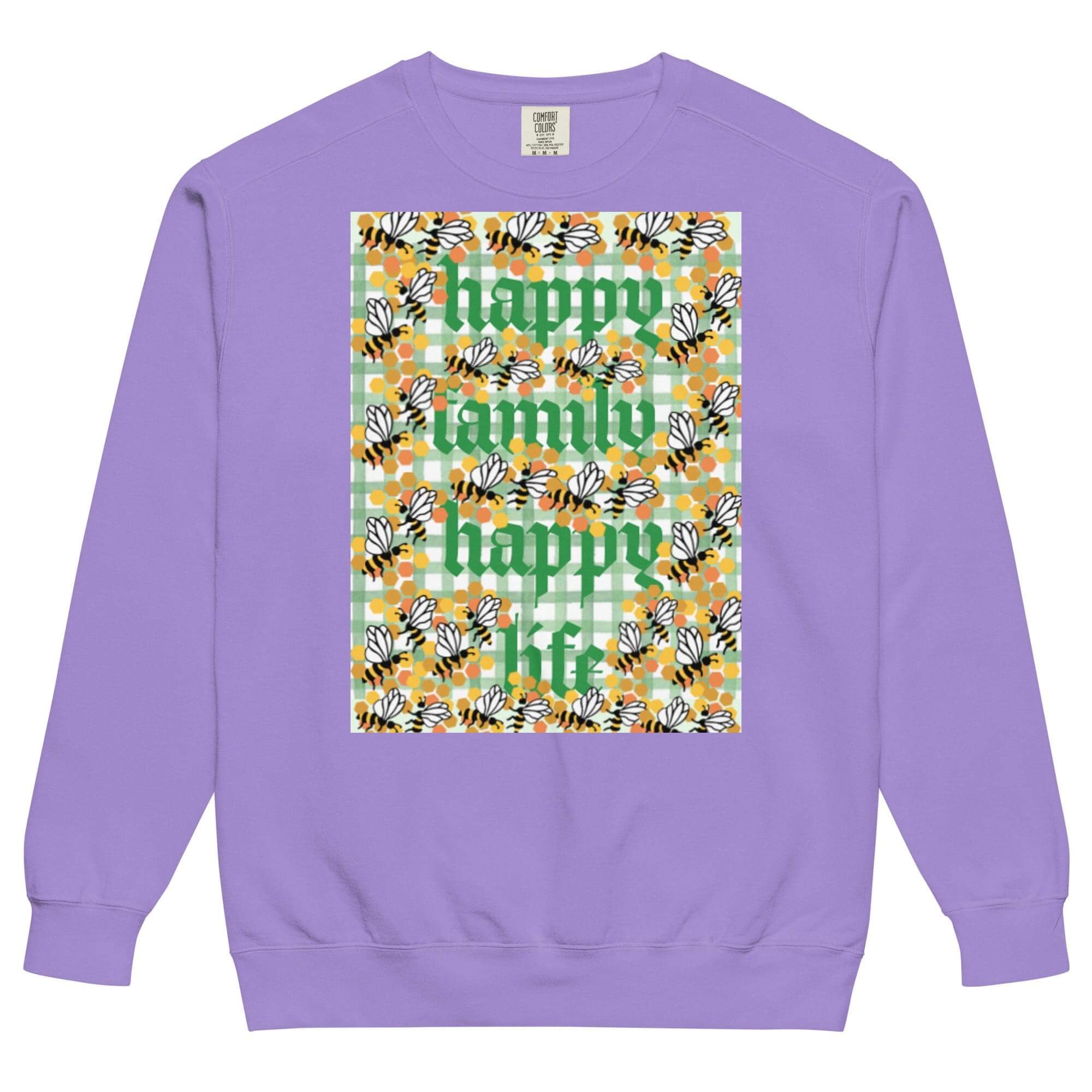 Purple sweatshirt with floral "Happy Family" design.