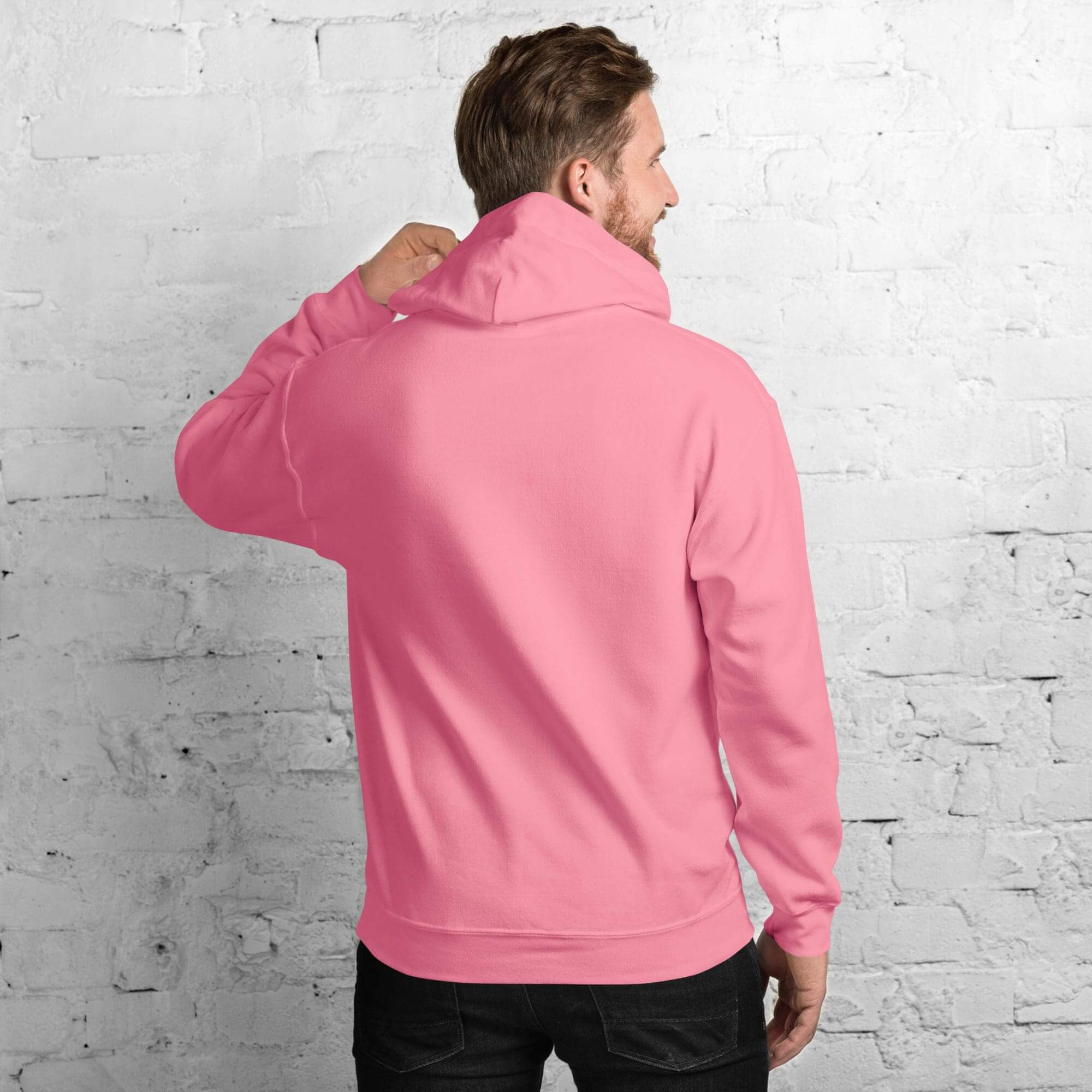 Rear view of man in pink hoodie