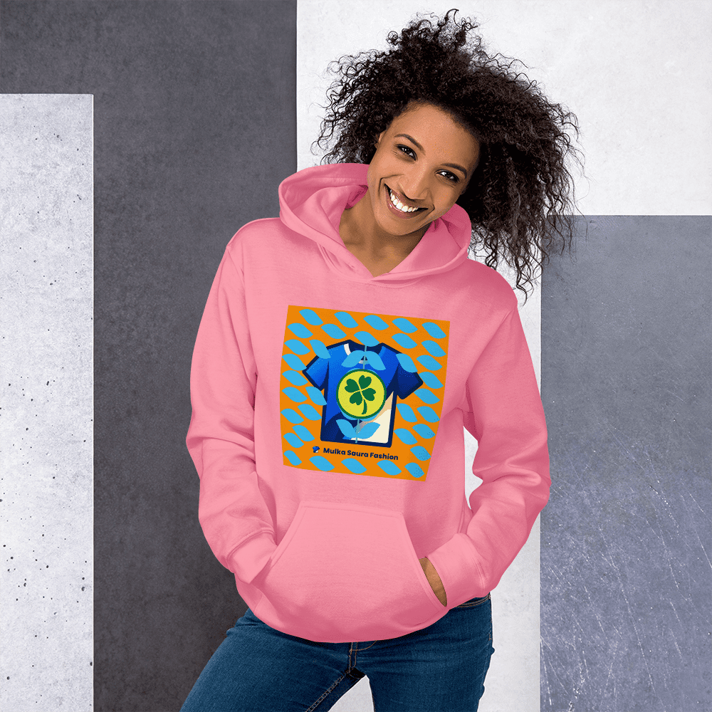 Smiling woman in pink hoodie, abstract background.