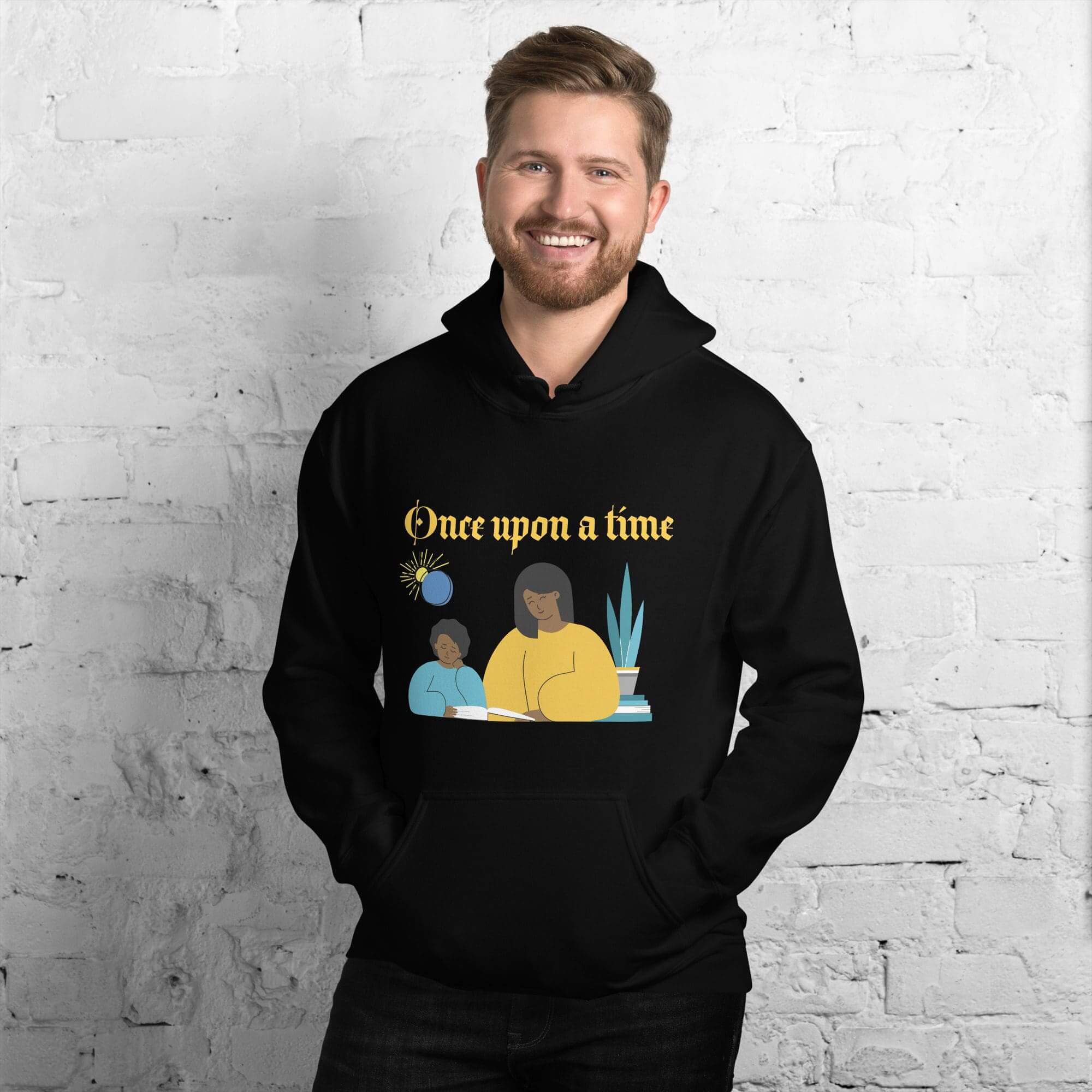 Man wearing "Once Upon a Time" hoodie.