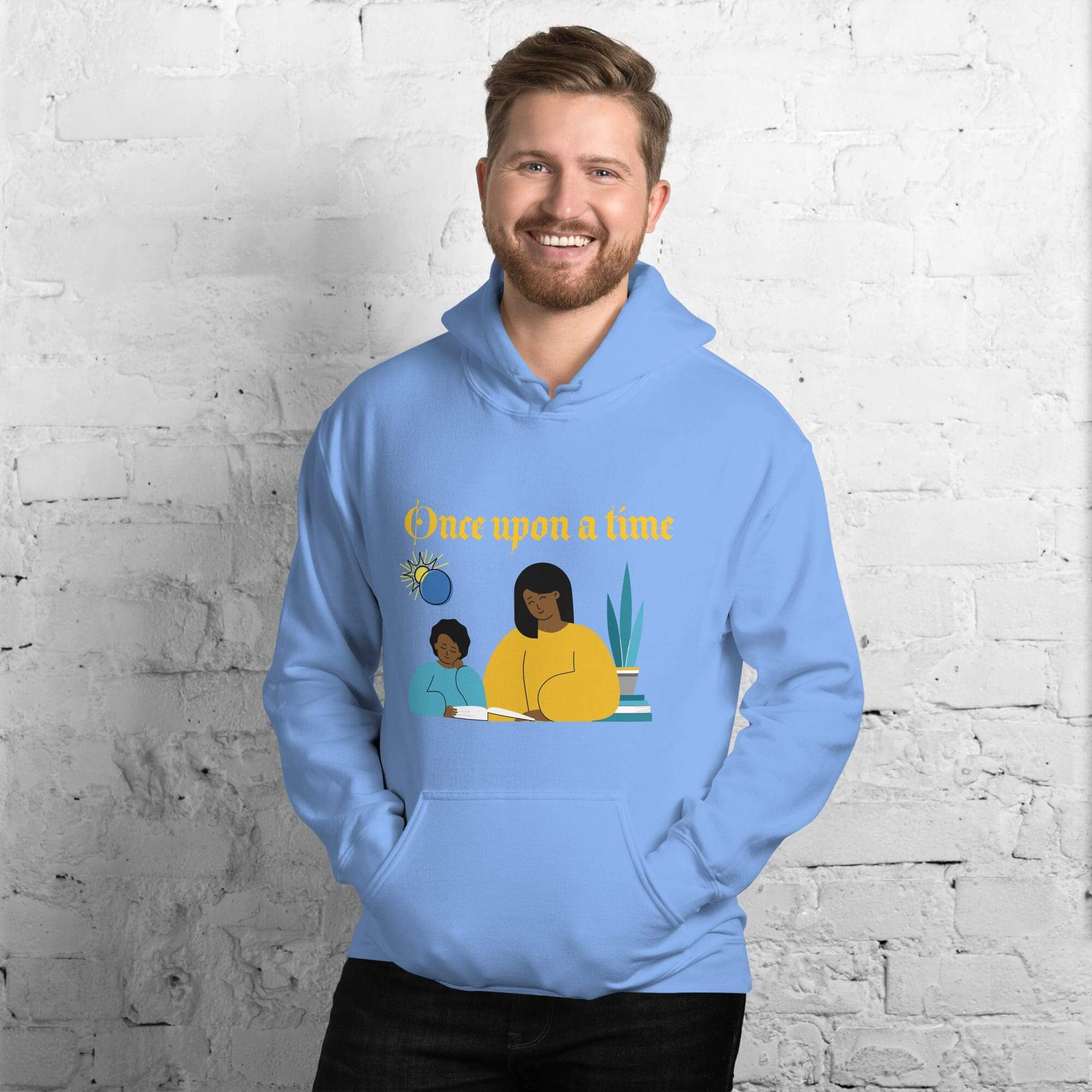 Man wearing blue "Once Upon a Time" hoodie.
