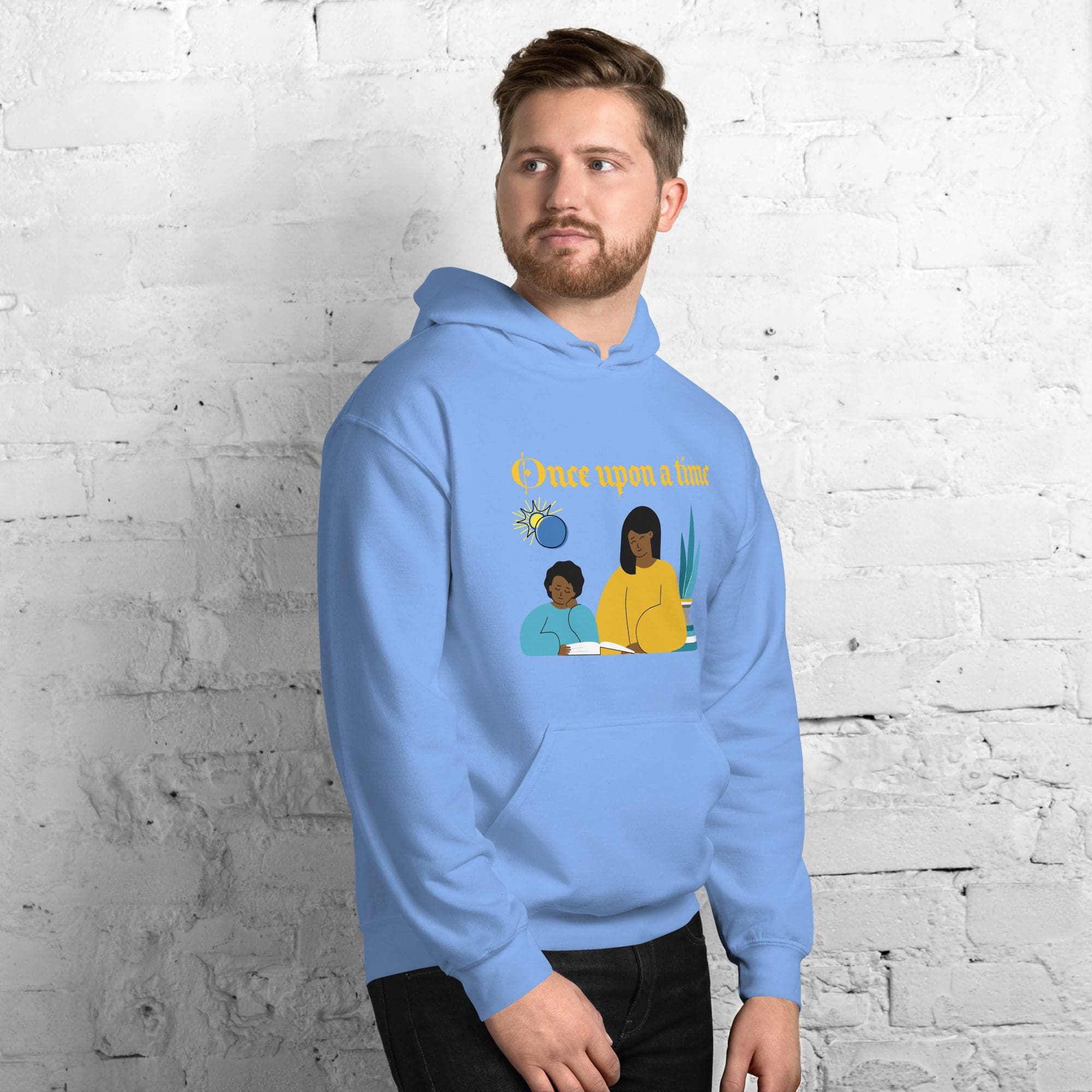 Man wearing blue hoodie with storytime graphic