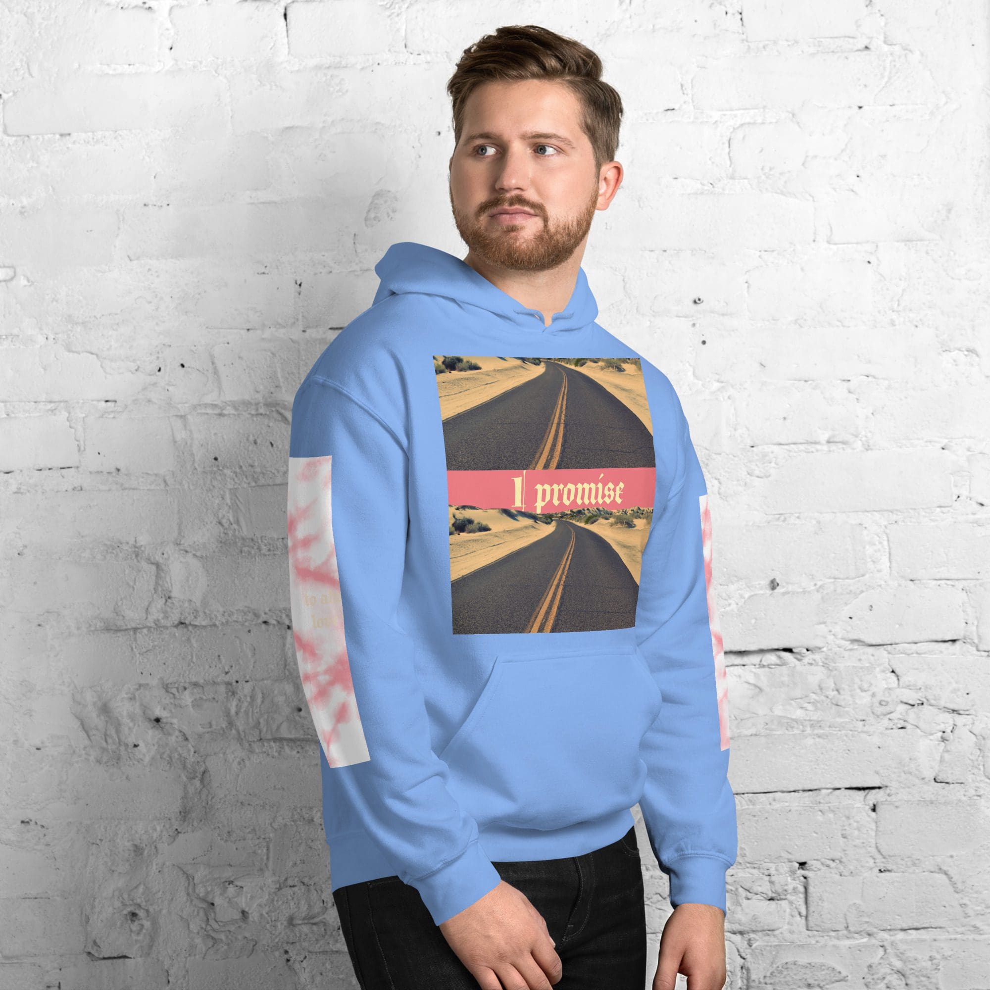 Man wearing blue hoodie with road graphic.