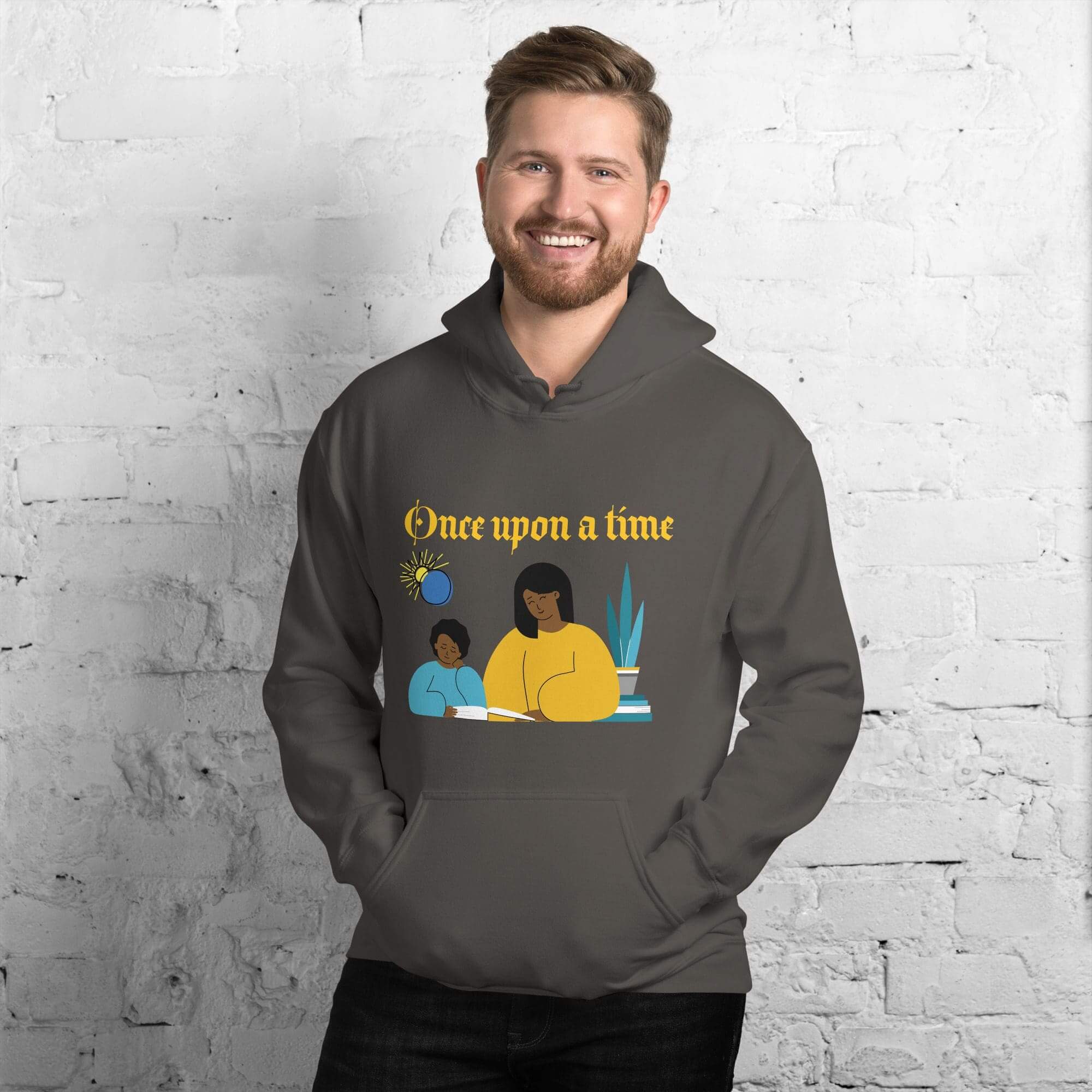 Man wearing hoodie with storytelling design.