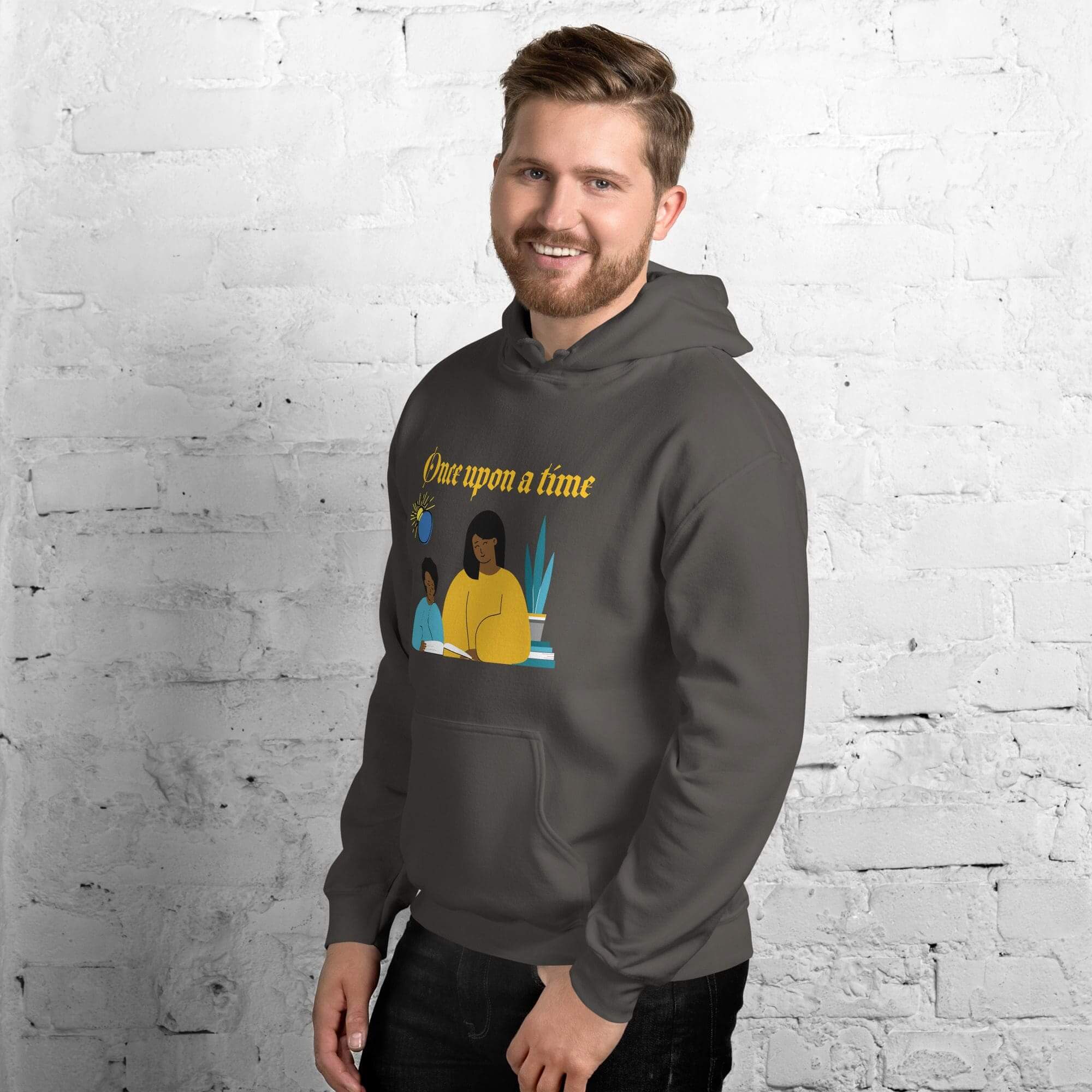 Man wearing hoodie with "Once upon a time".