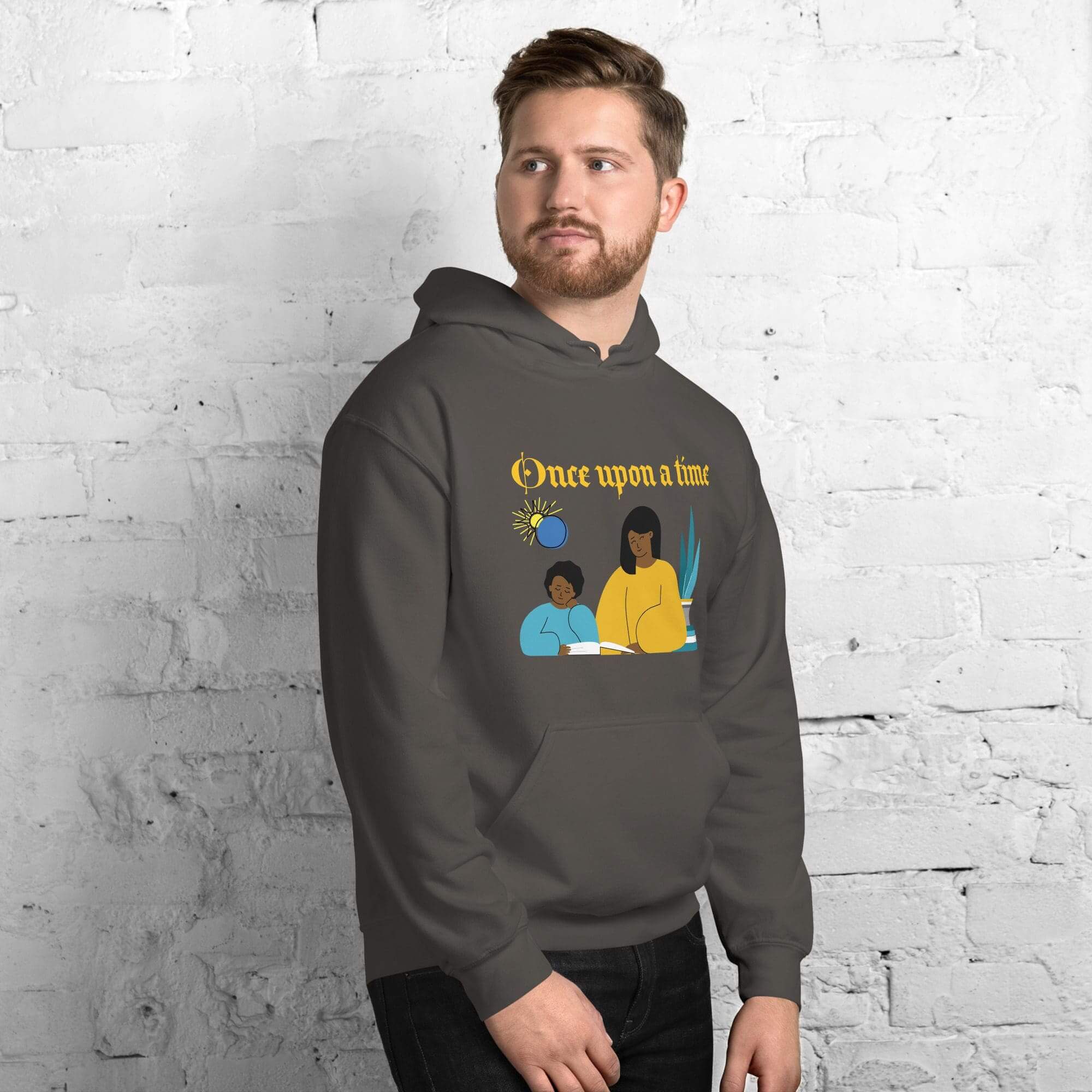 Man wearing hoodie with storytelling graphic design.