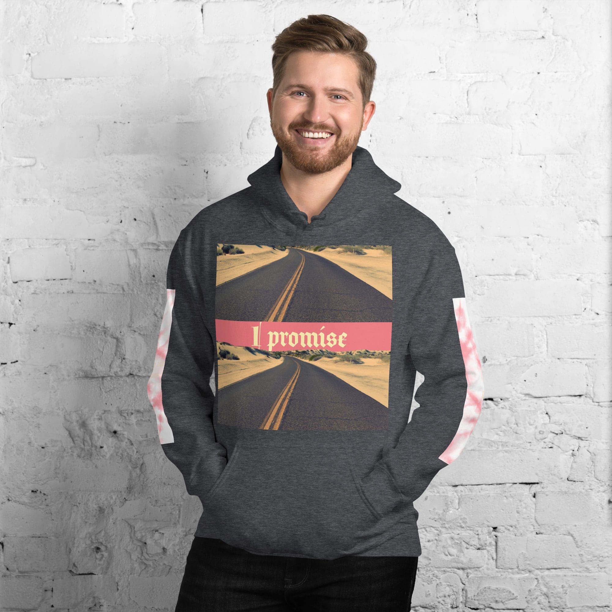 Man wearing hoodie with "I promise" design.