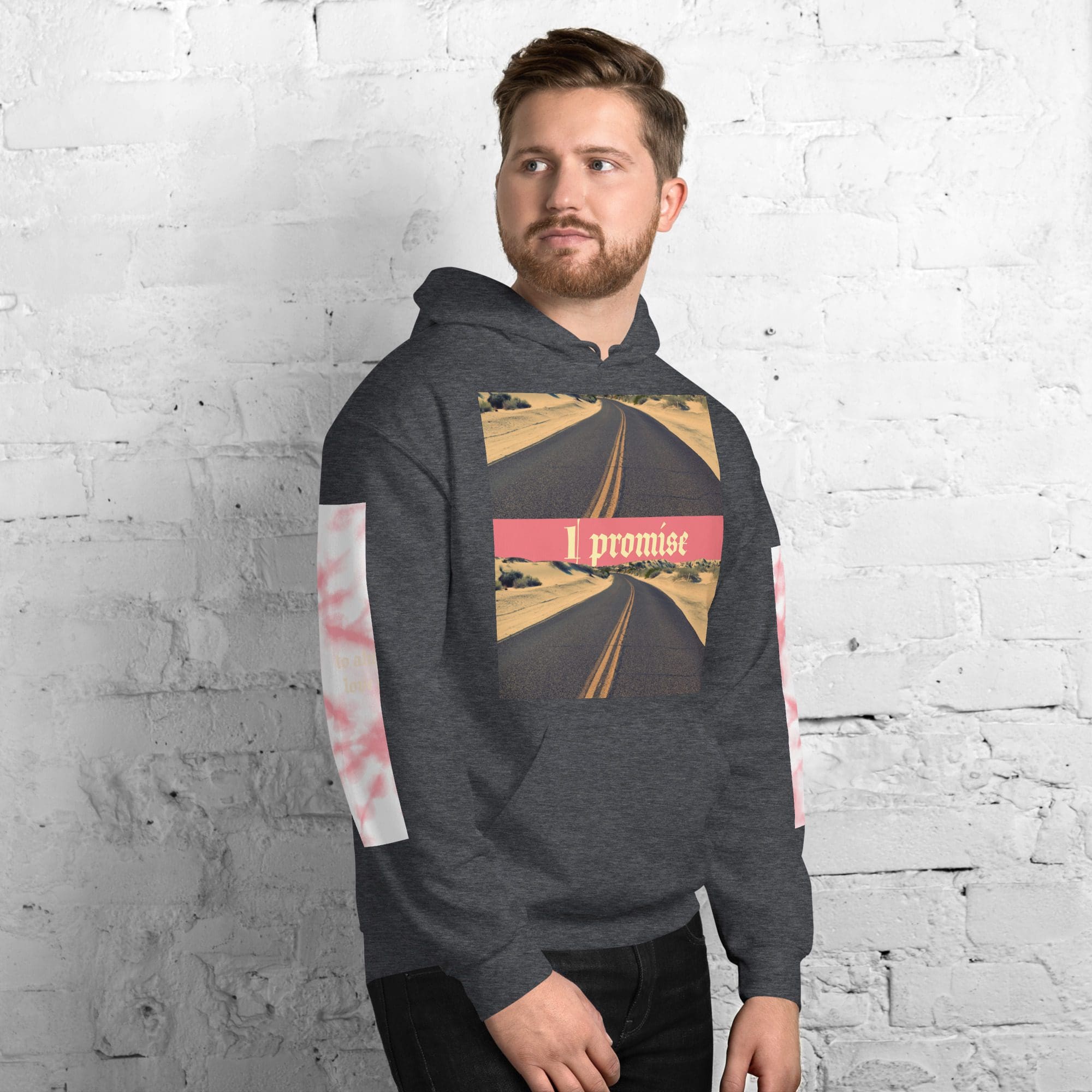 Man wearing "I promise" hoodie.
