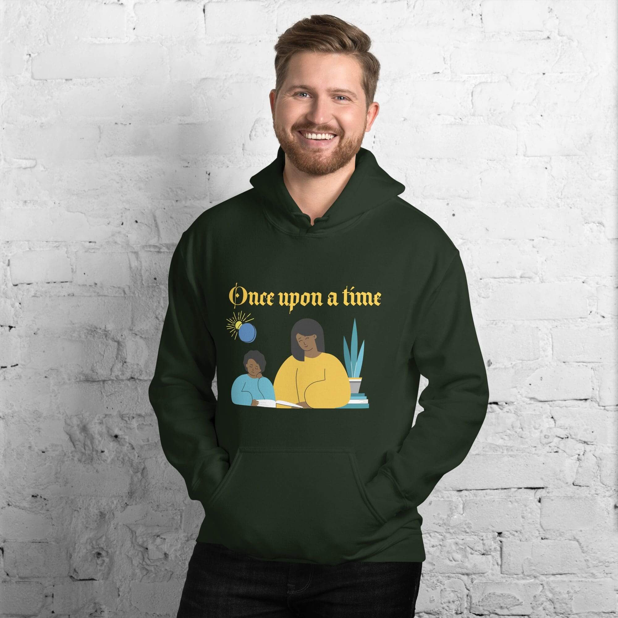 Man wearing hoodie with storytelling illustration.
