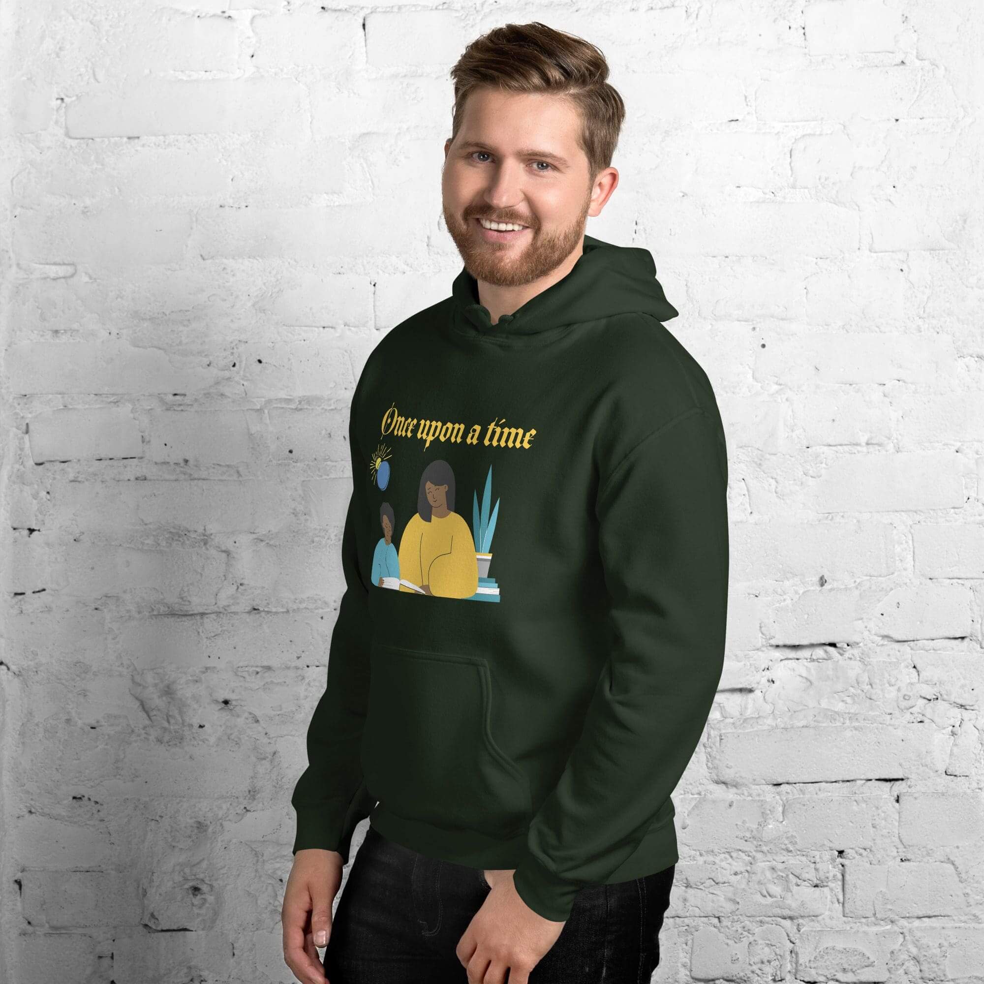 Smiling man wearing "Once upon a time" hoodie