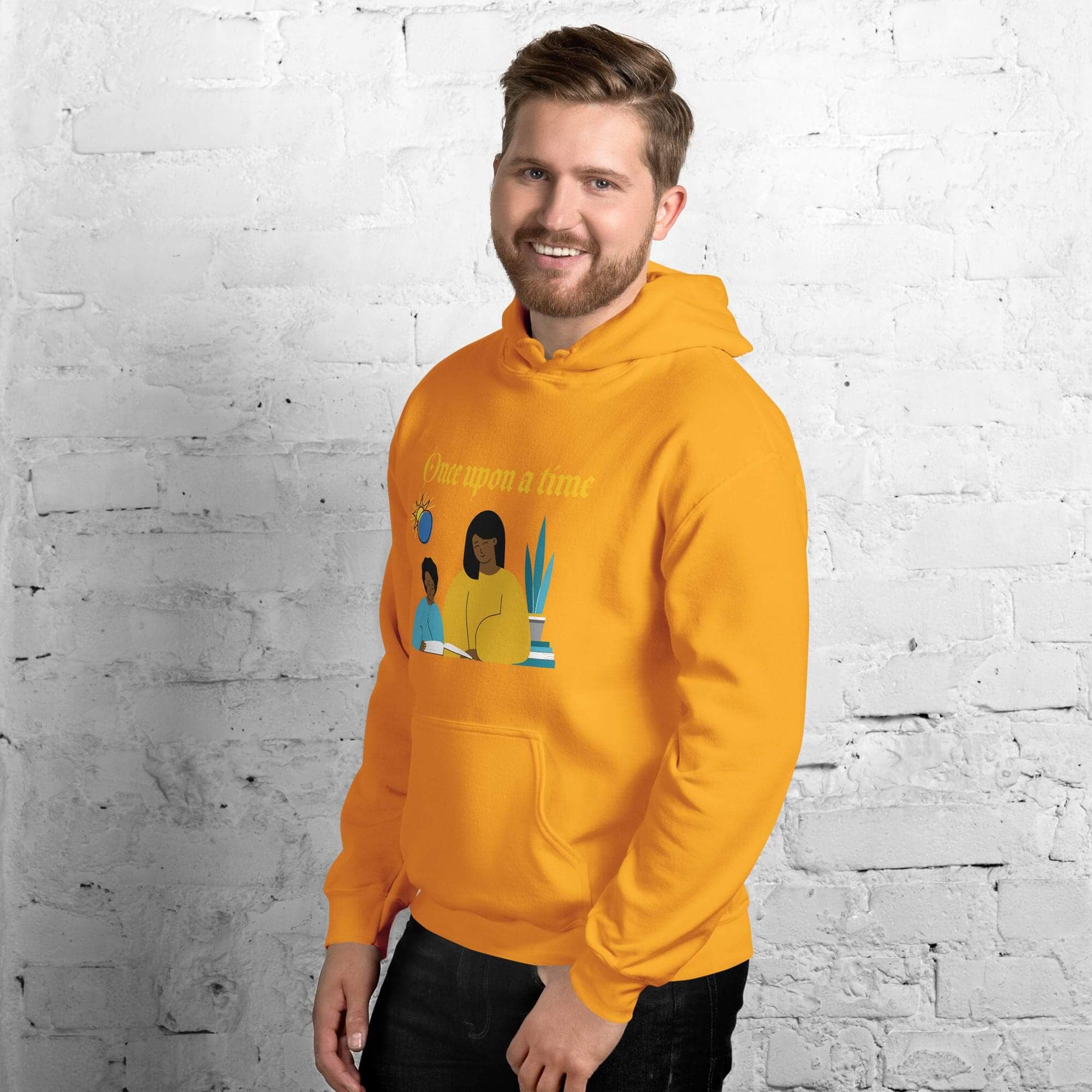 Man wearing an orange hoodie, white background.