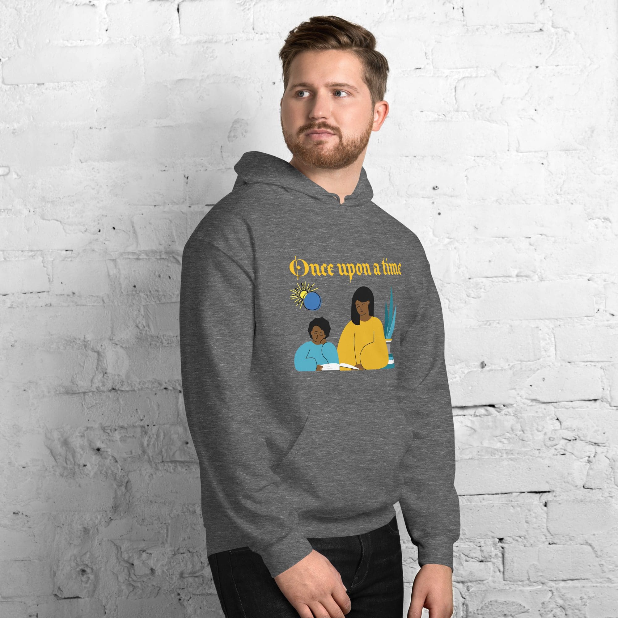 Man wearing gray hoodie with story illustration.