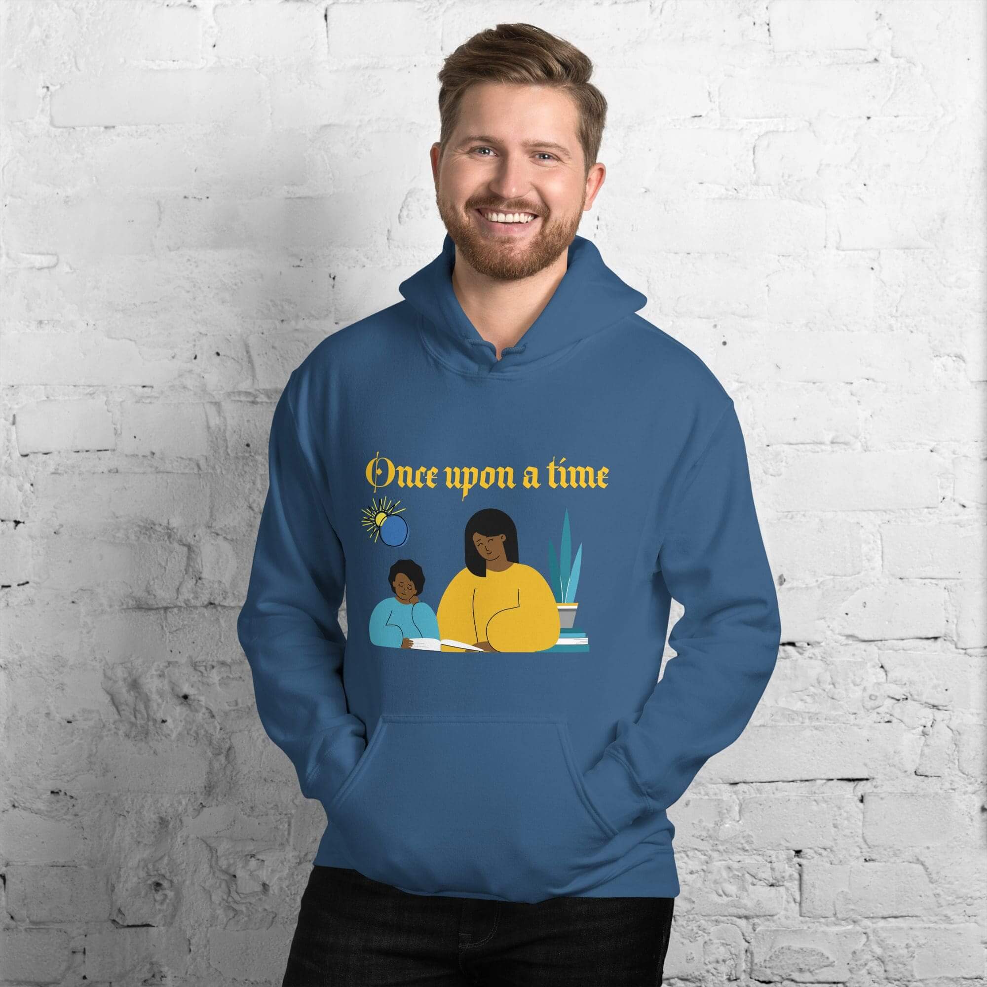 Man wearing blue hoodie with family illustration.