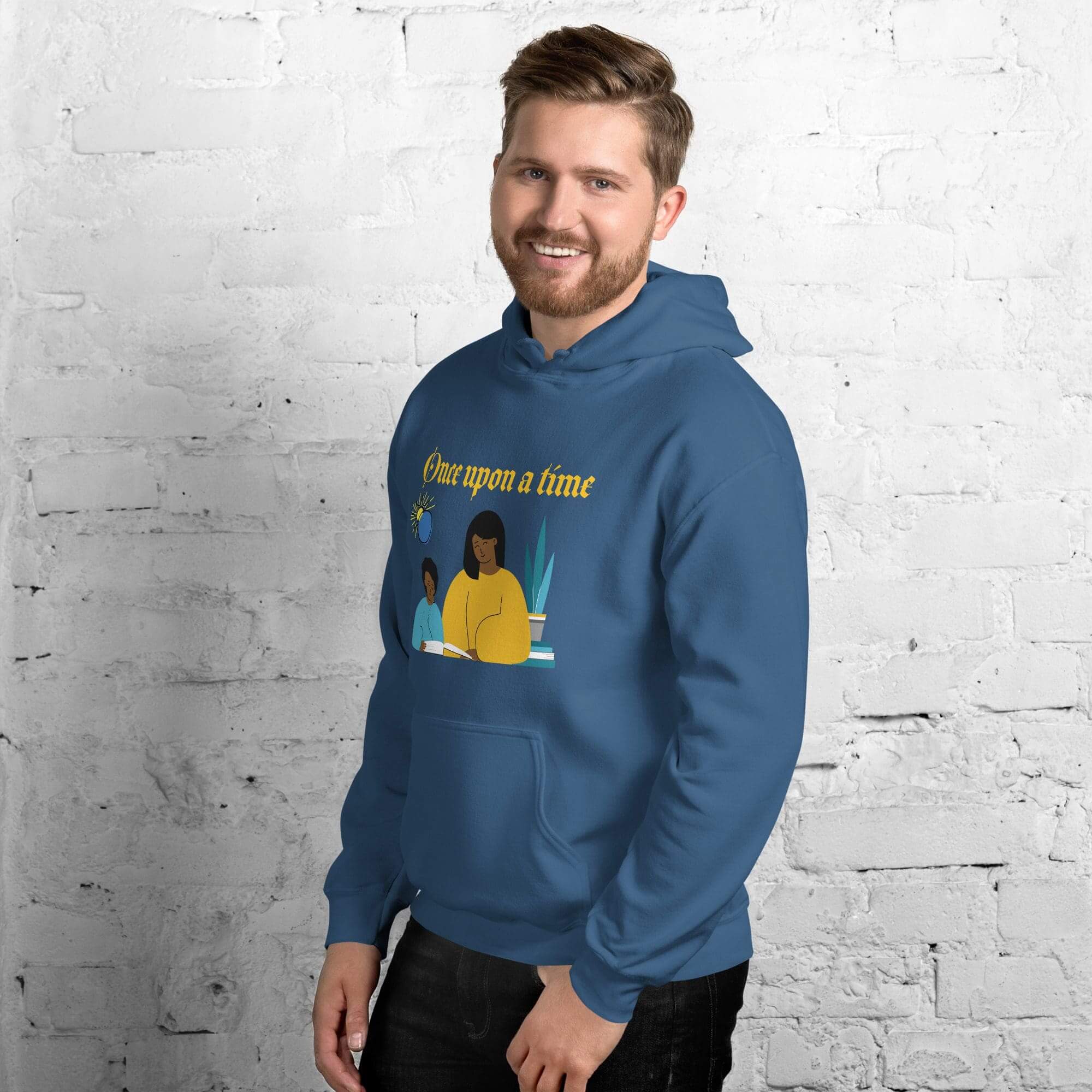 Smiling man in "Once upon a time" hoodie