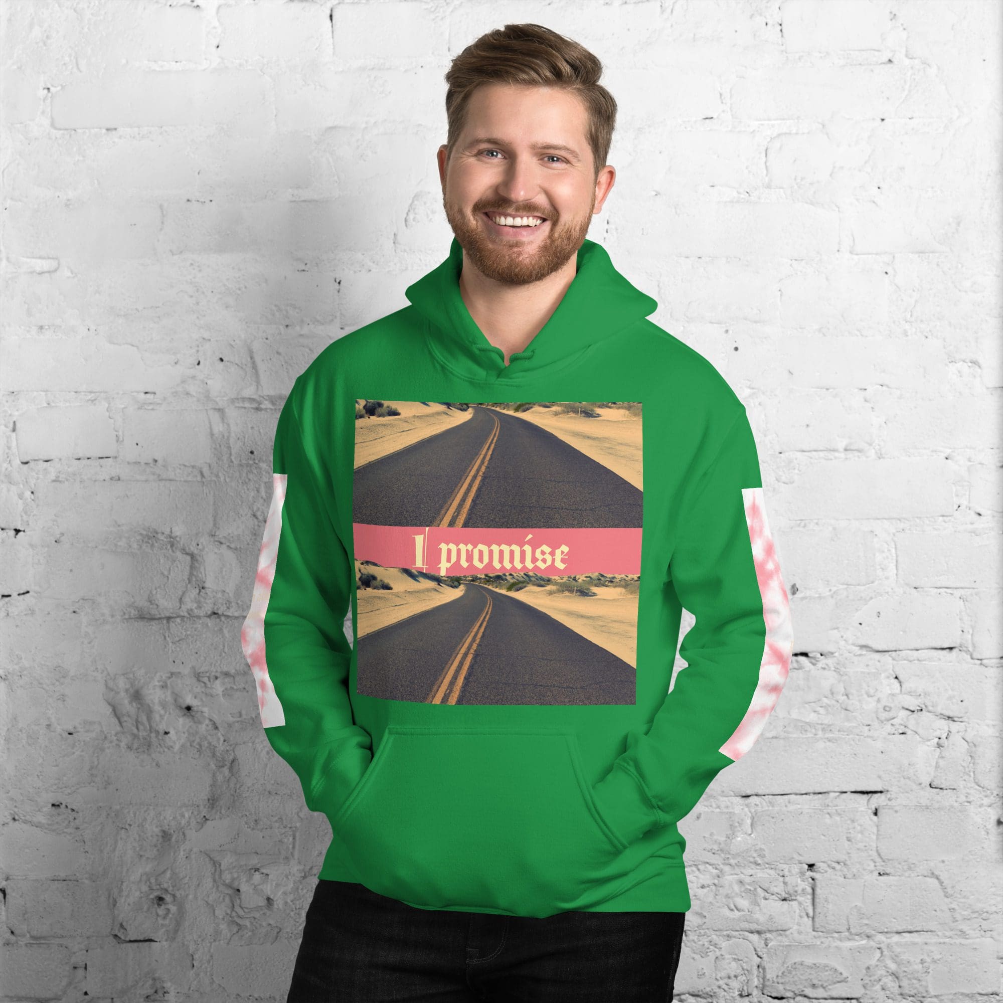 Man wearing green hoodie with "I promise" design.