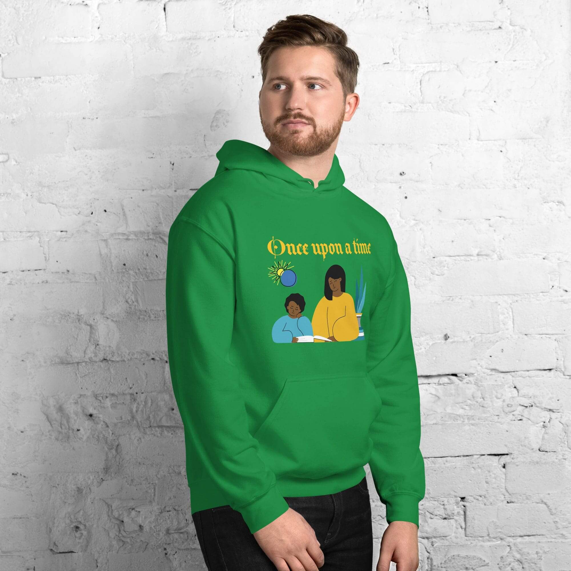 Man wearing green "Once Upon a Time" hoodie.