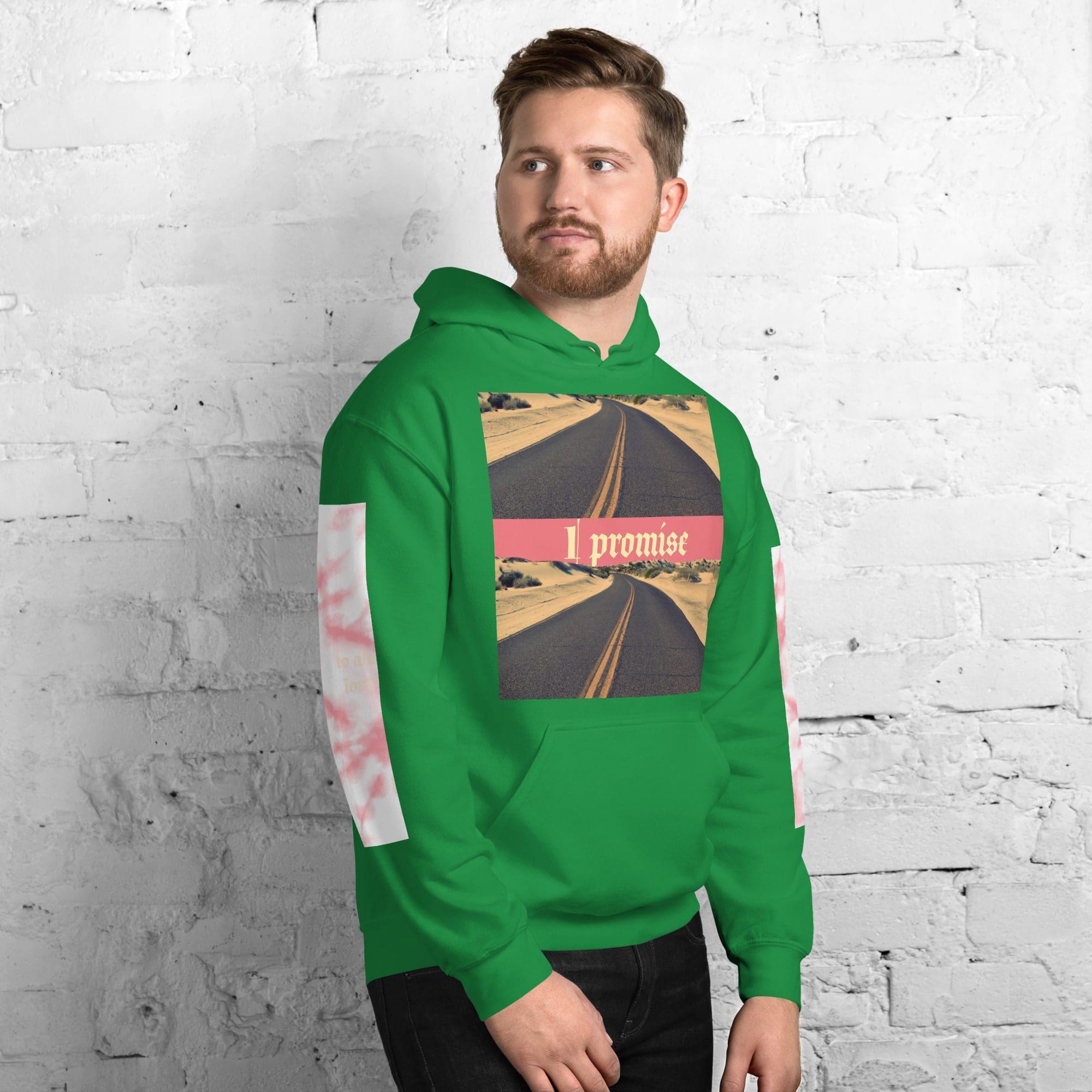 Man wearing green hoodie with road design.