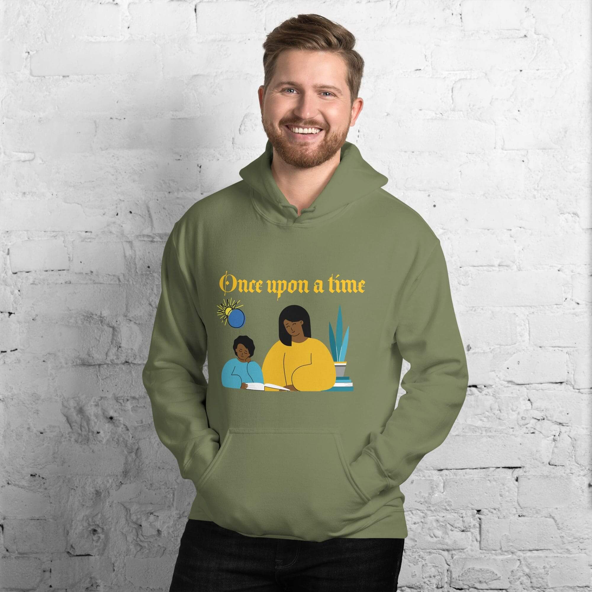 Man wearing green hoodie with family illustration.