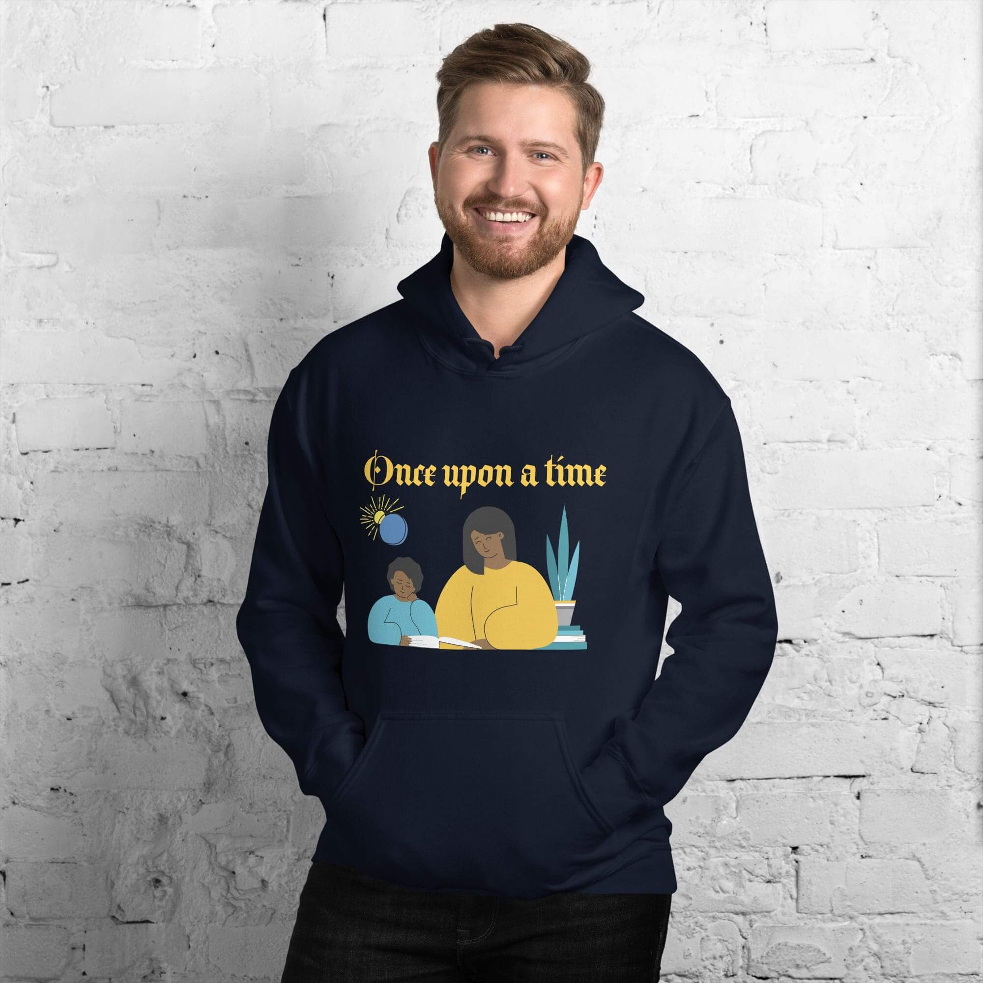 Smiling man wearing "Once upon a time" hoodie