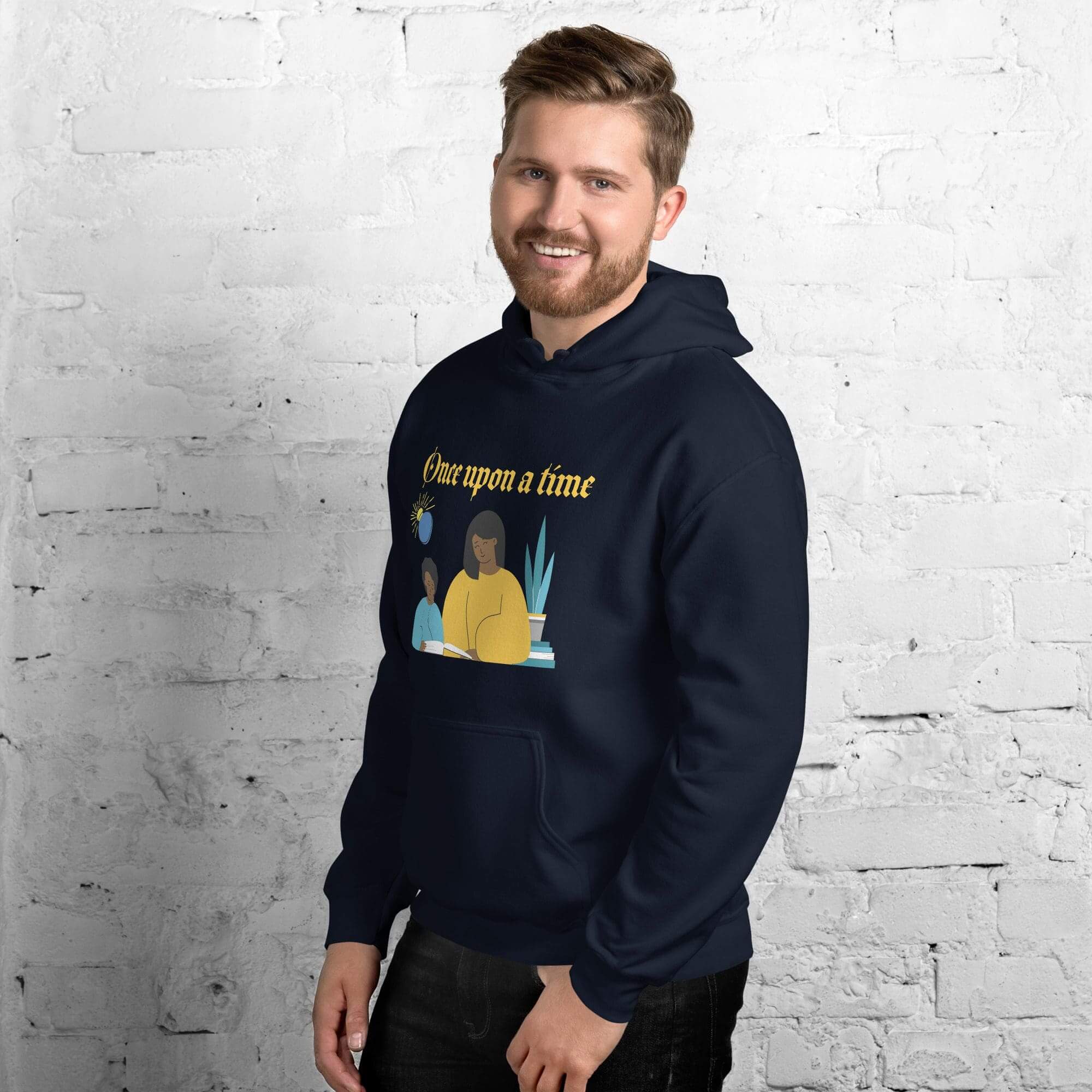 Man wearing a "Once upon a time" hoodie.