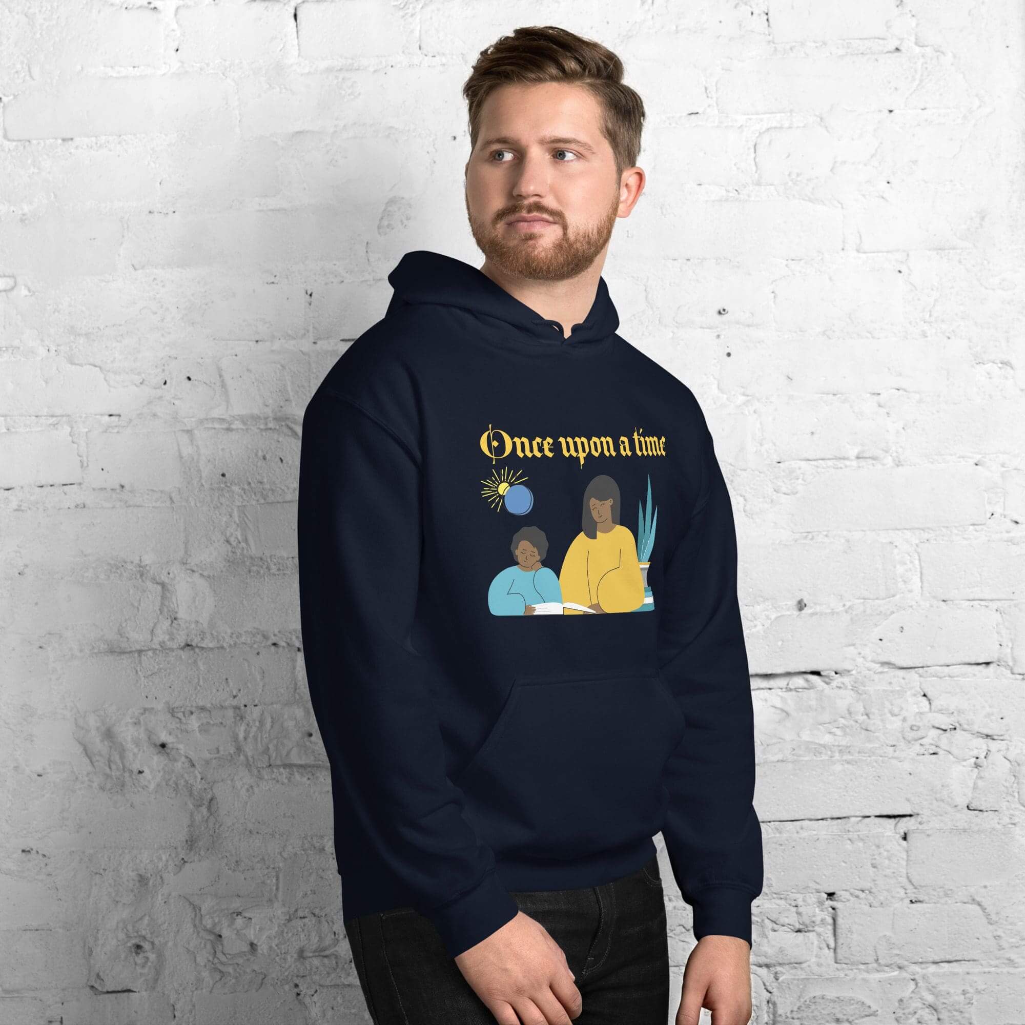 Man in navy "Once upon a time" hoodie