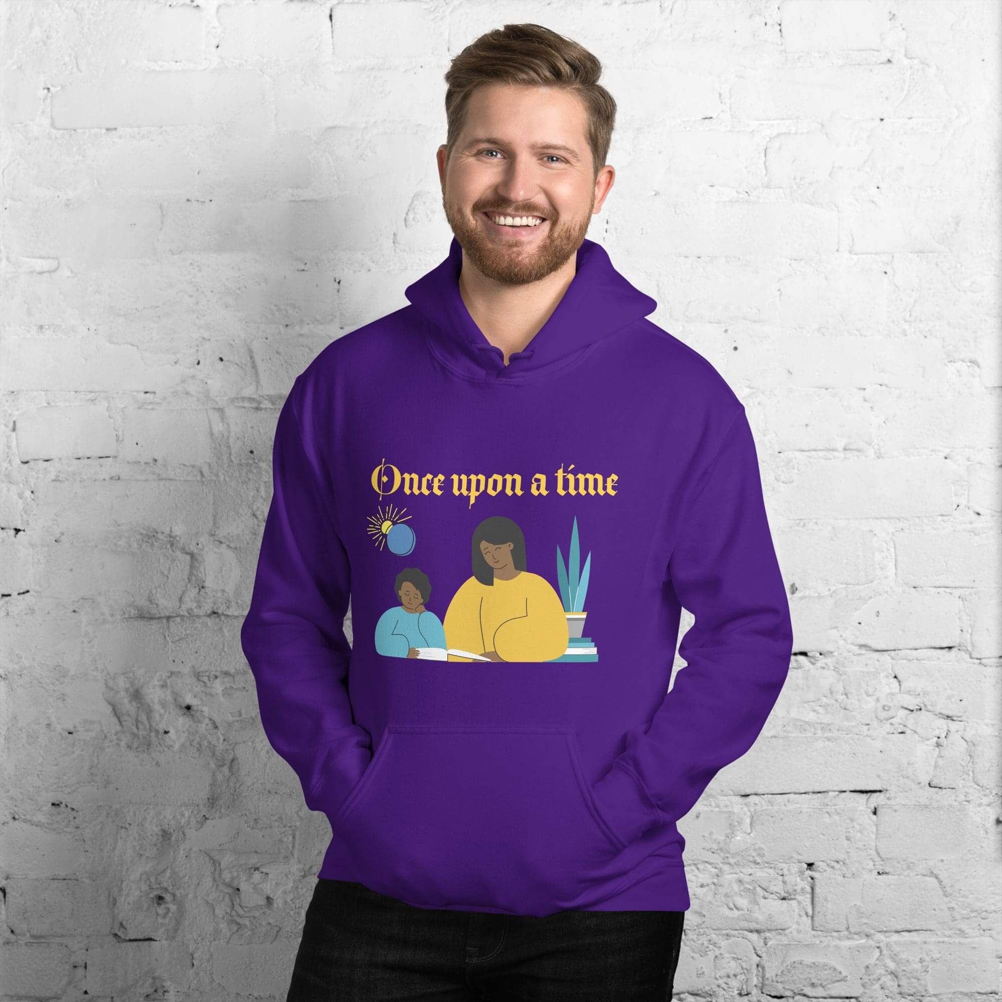 Man wearing purple "Once upon a time" hoodie.