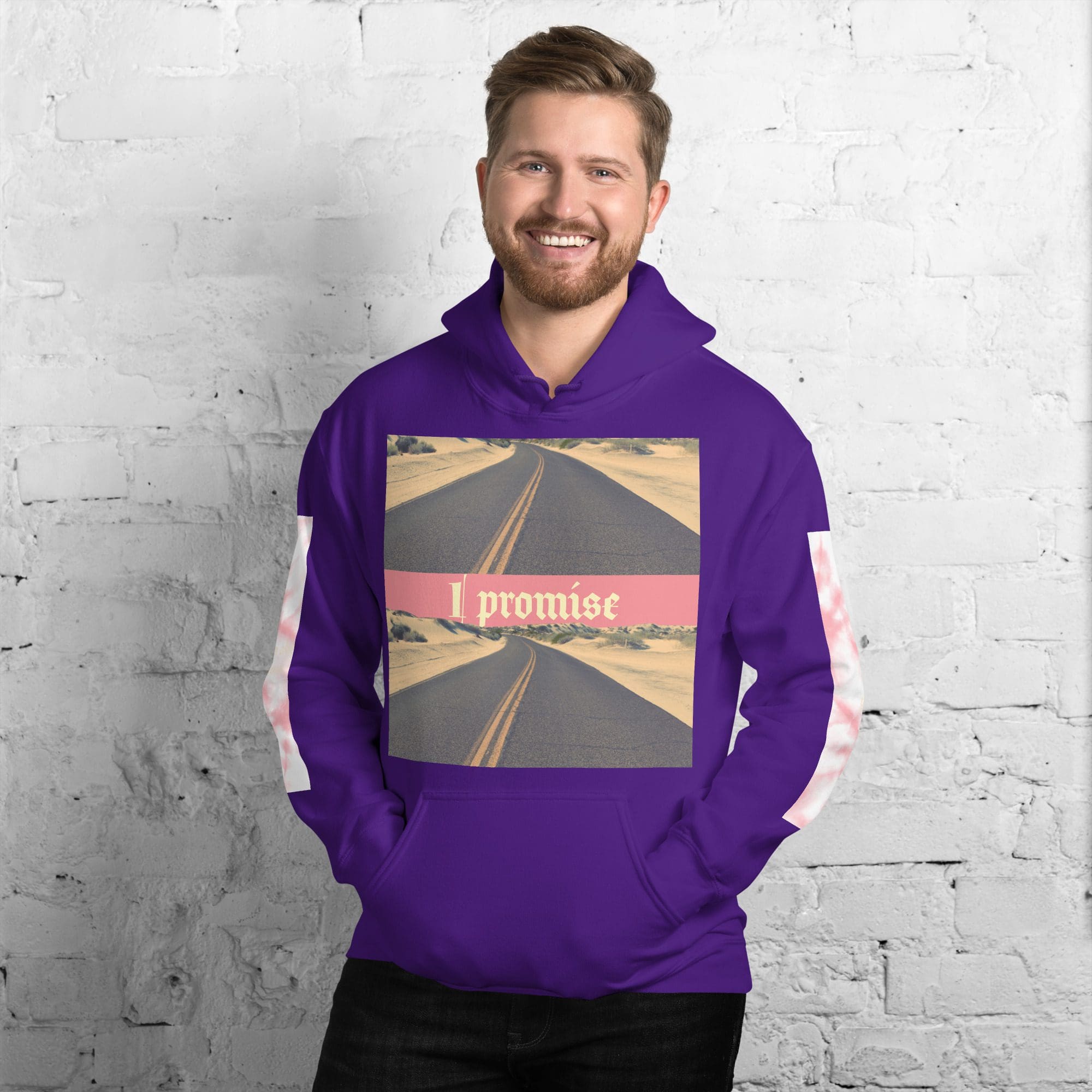 Man wearing purple "I promise" hoodie.