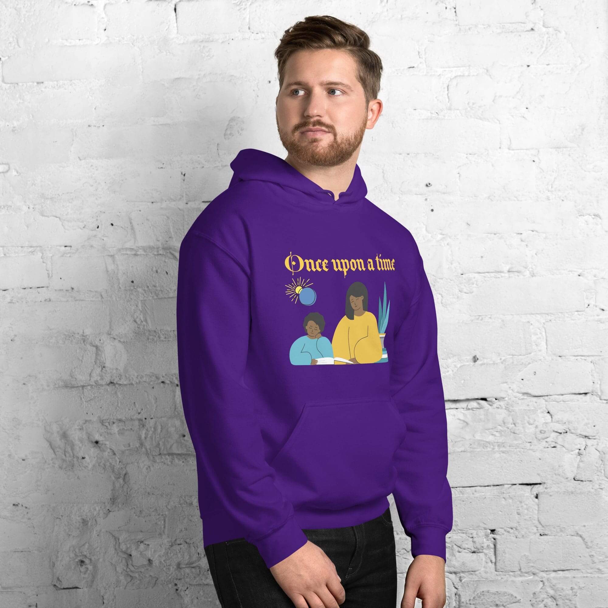 Man wearing a purple "Once Upon a Time" hoodie.