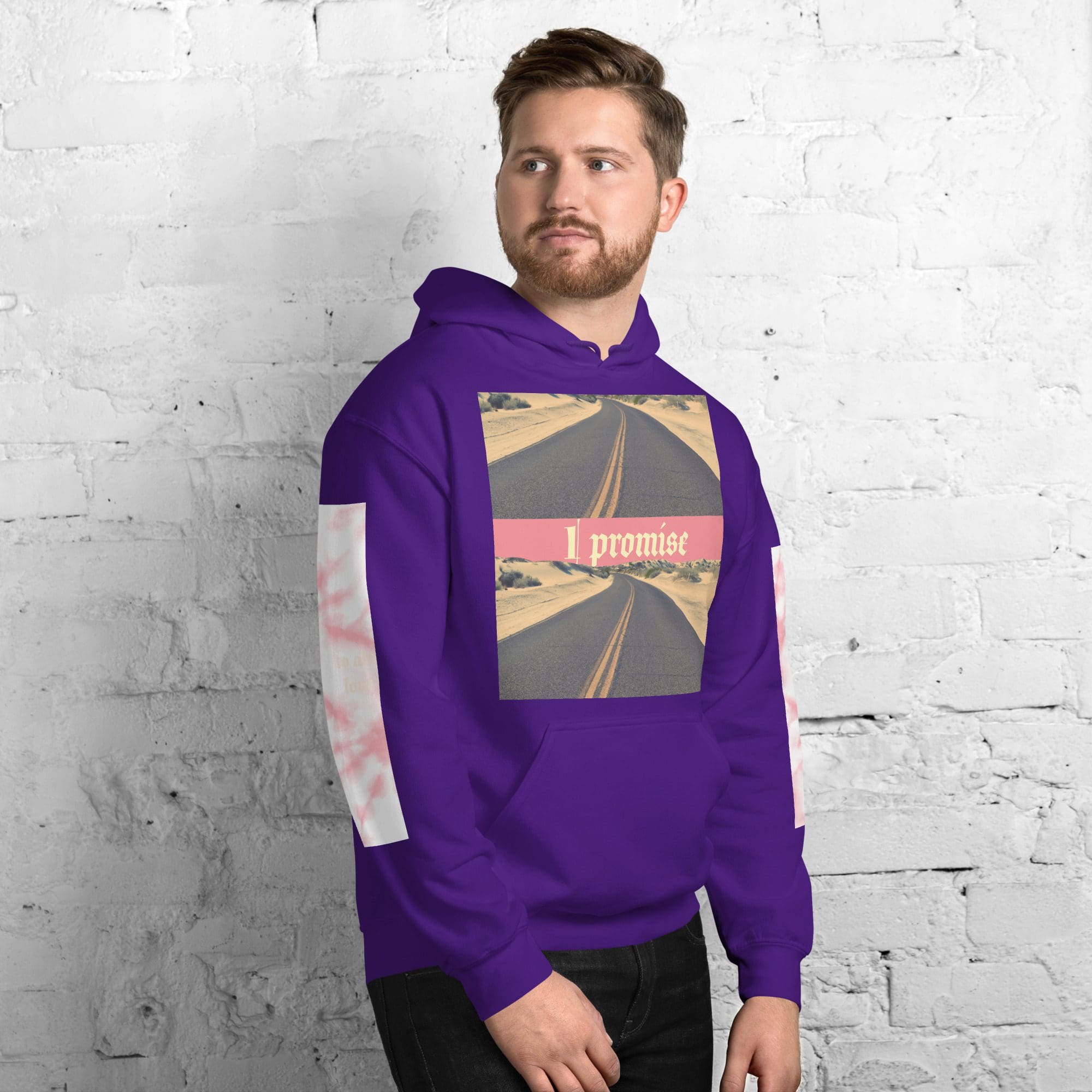 Man in purple hoodie with road graphic