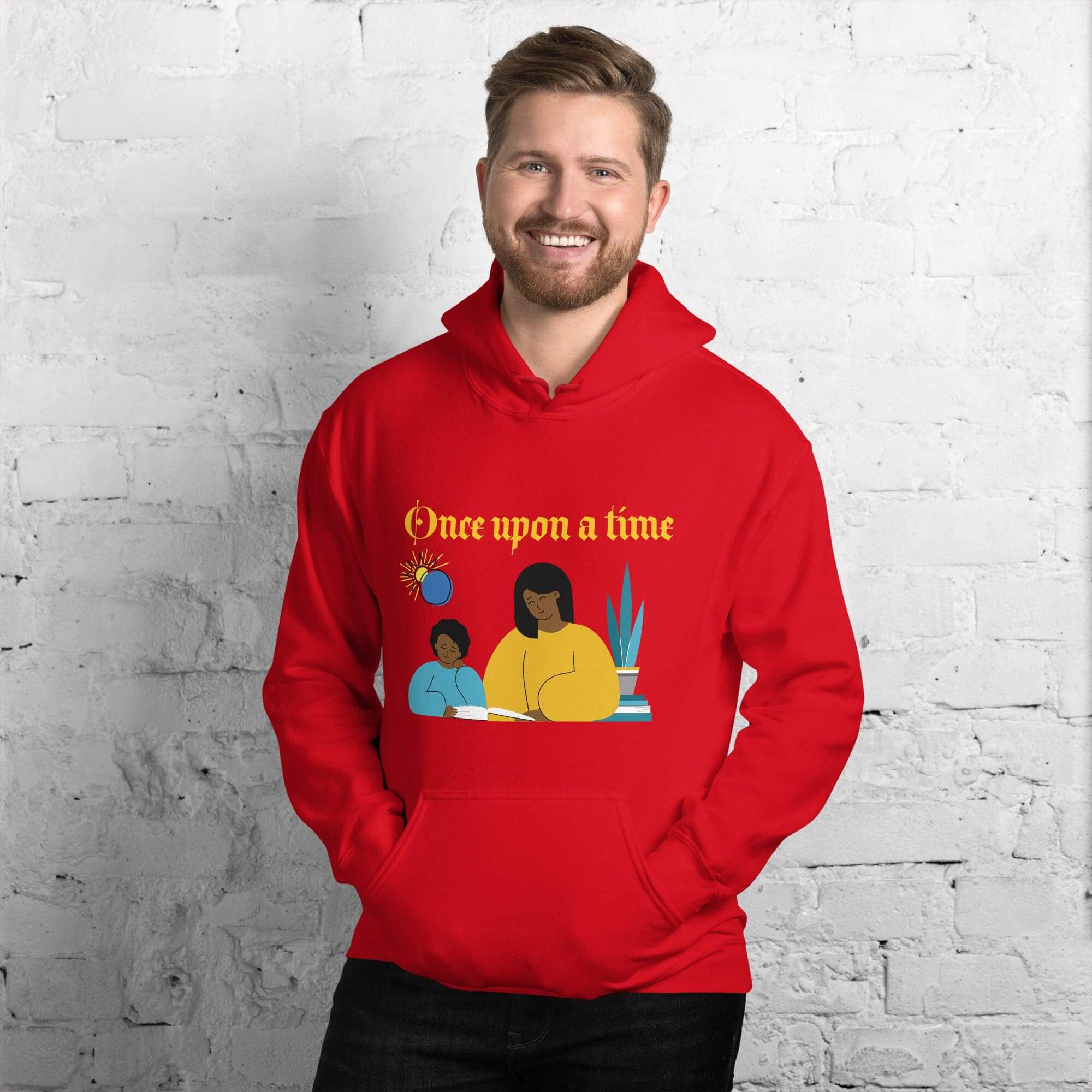 Man wearing red hoodie with graphic design.