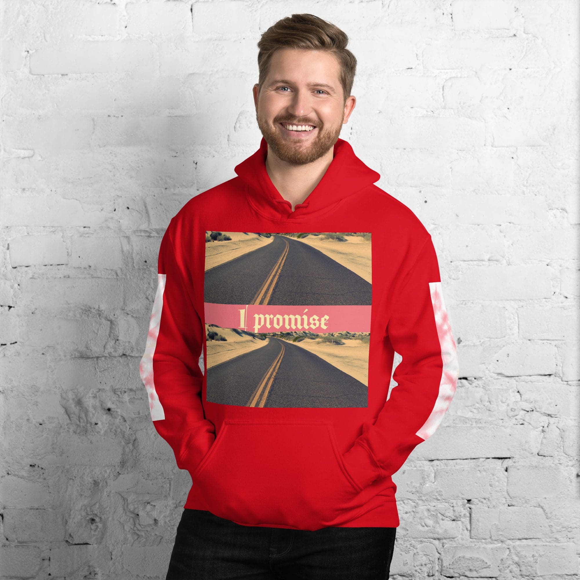 Man wearing red hoodie with road design.