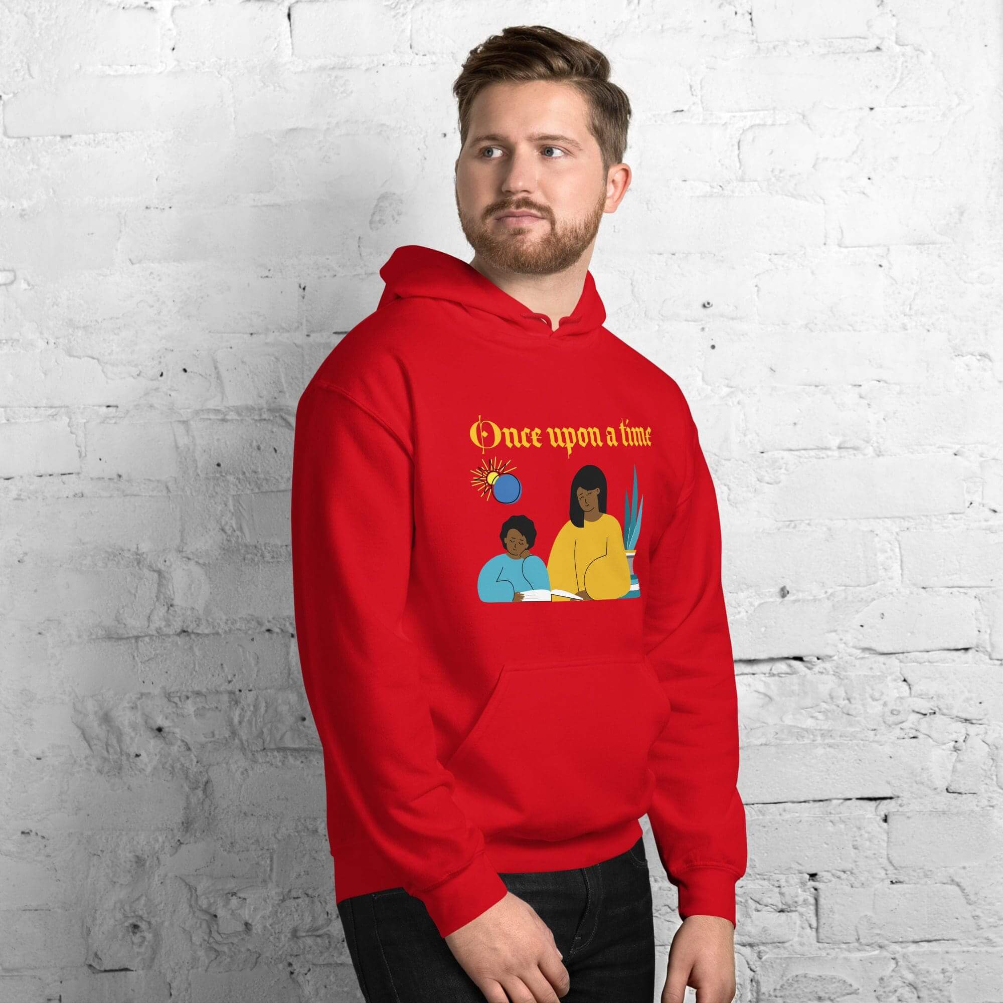 Man wearing red "Once upon a time" hoodie.