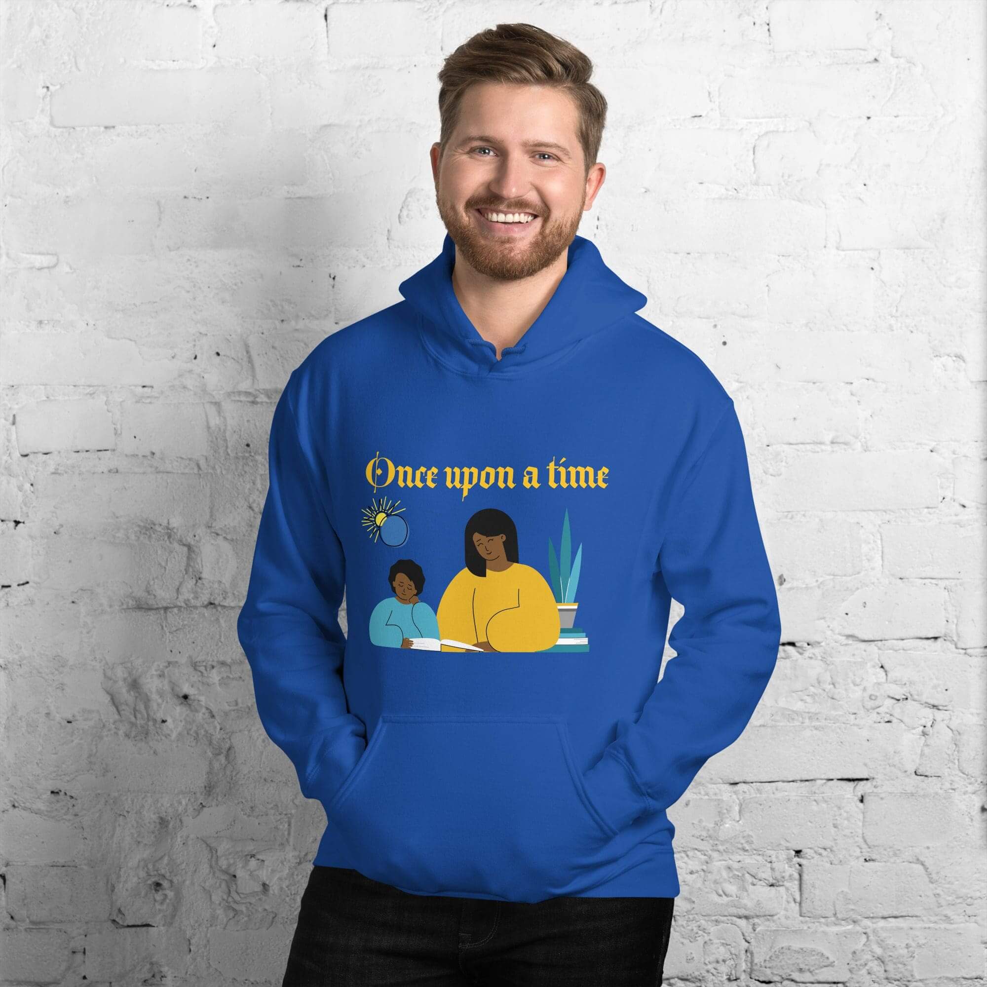 Man wearing blue hoodie with story illustration.