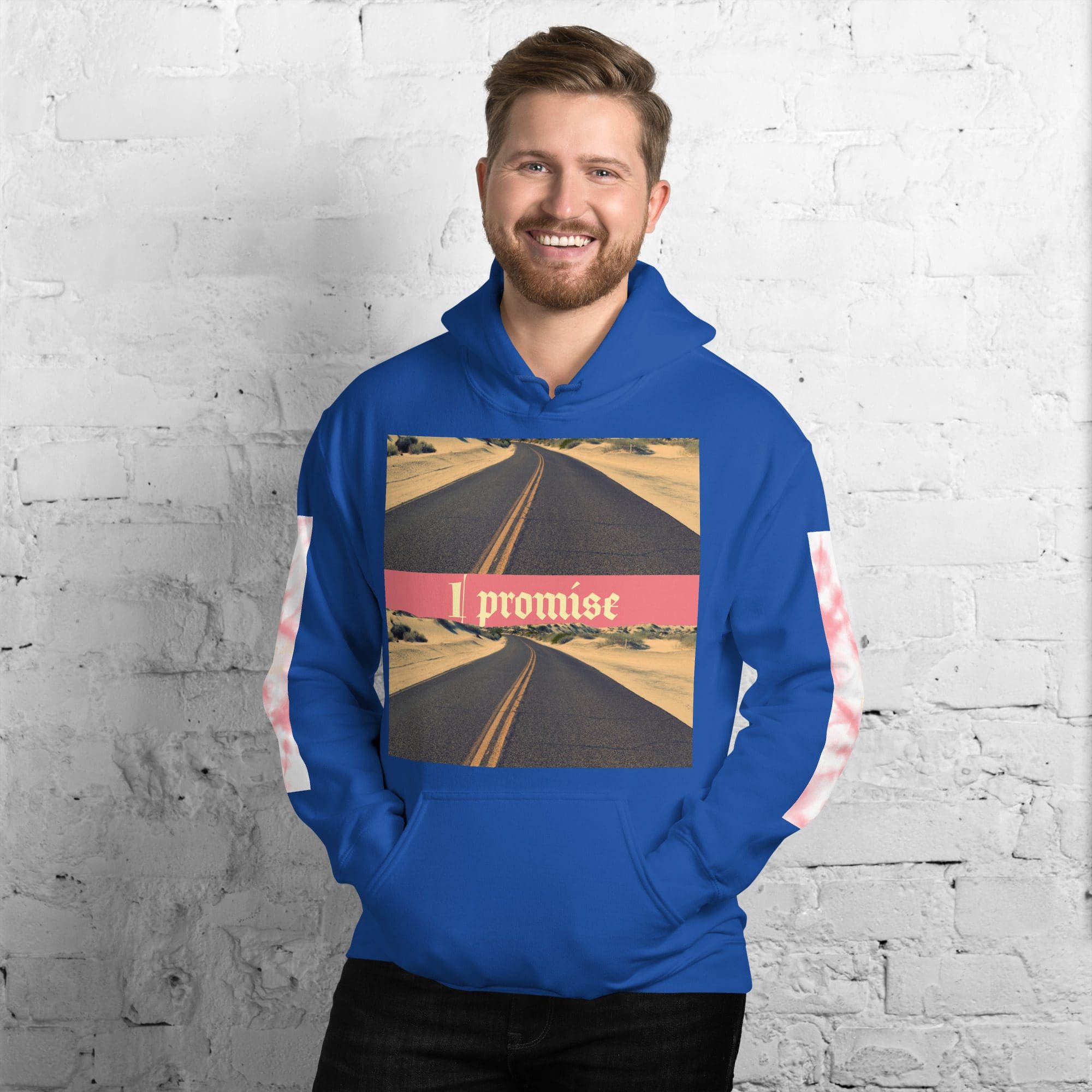 Man in blue hoodie with "I promise" print.