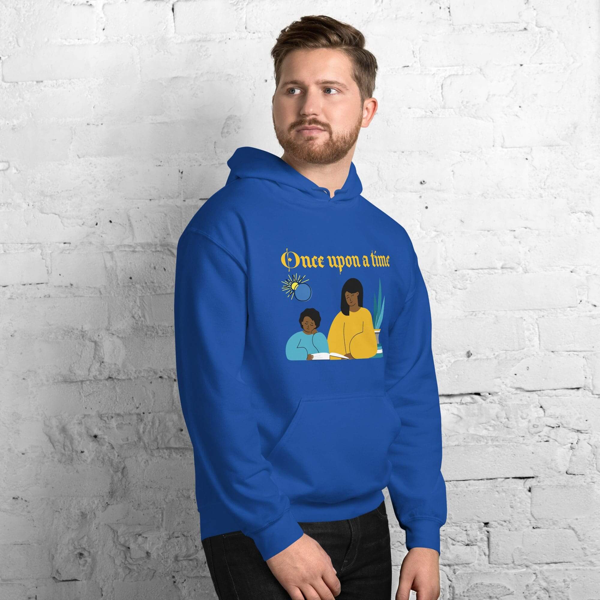 Man wearing blue hoodie with story design.