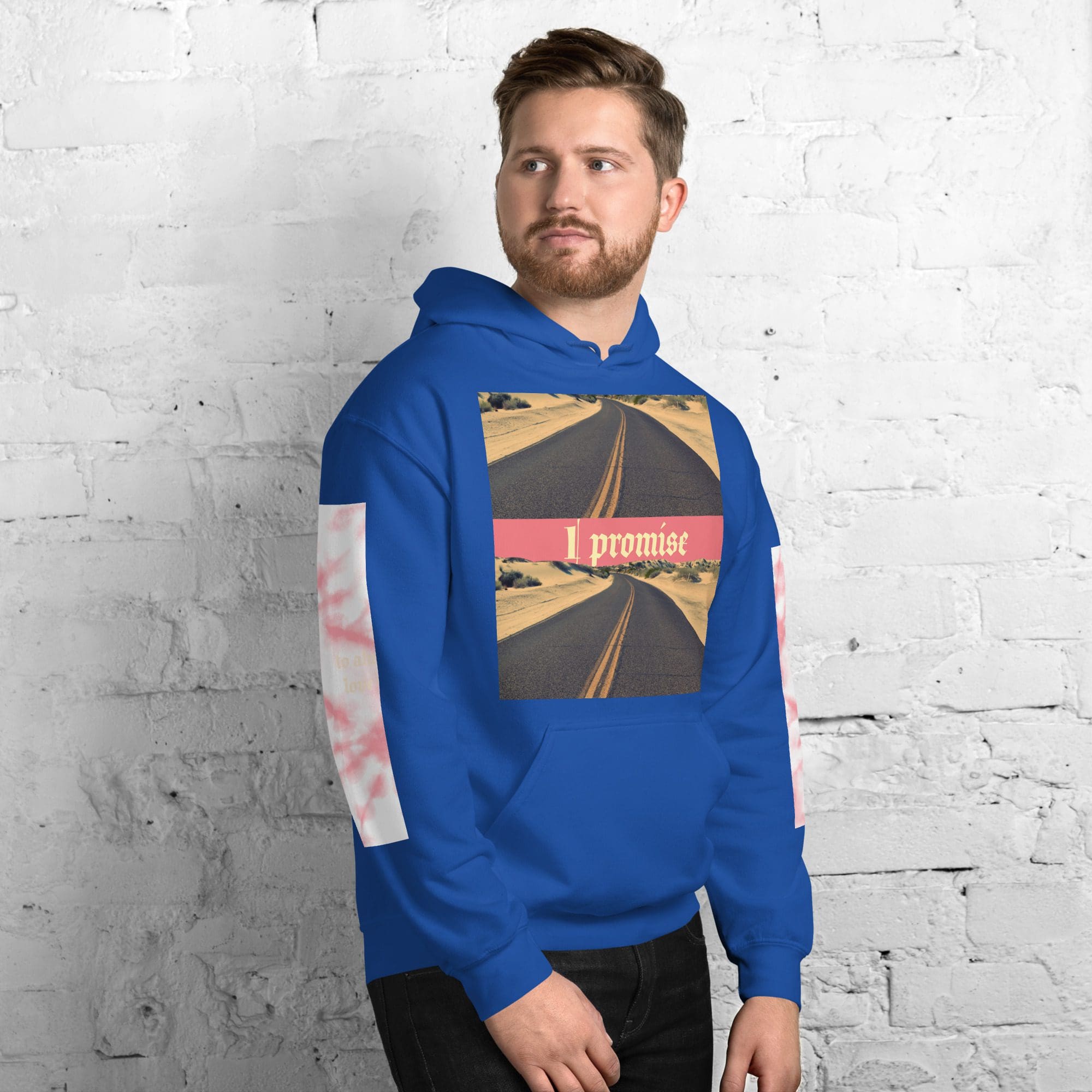 Man wearing blue hoodie with road design.