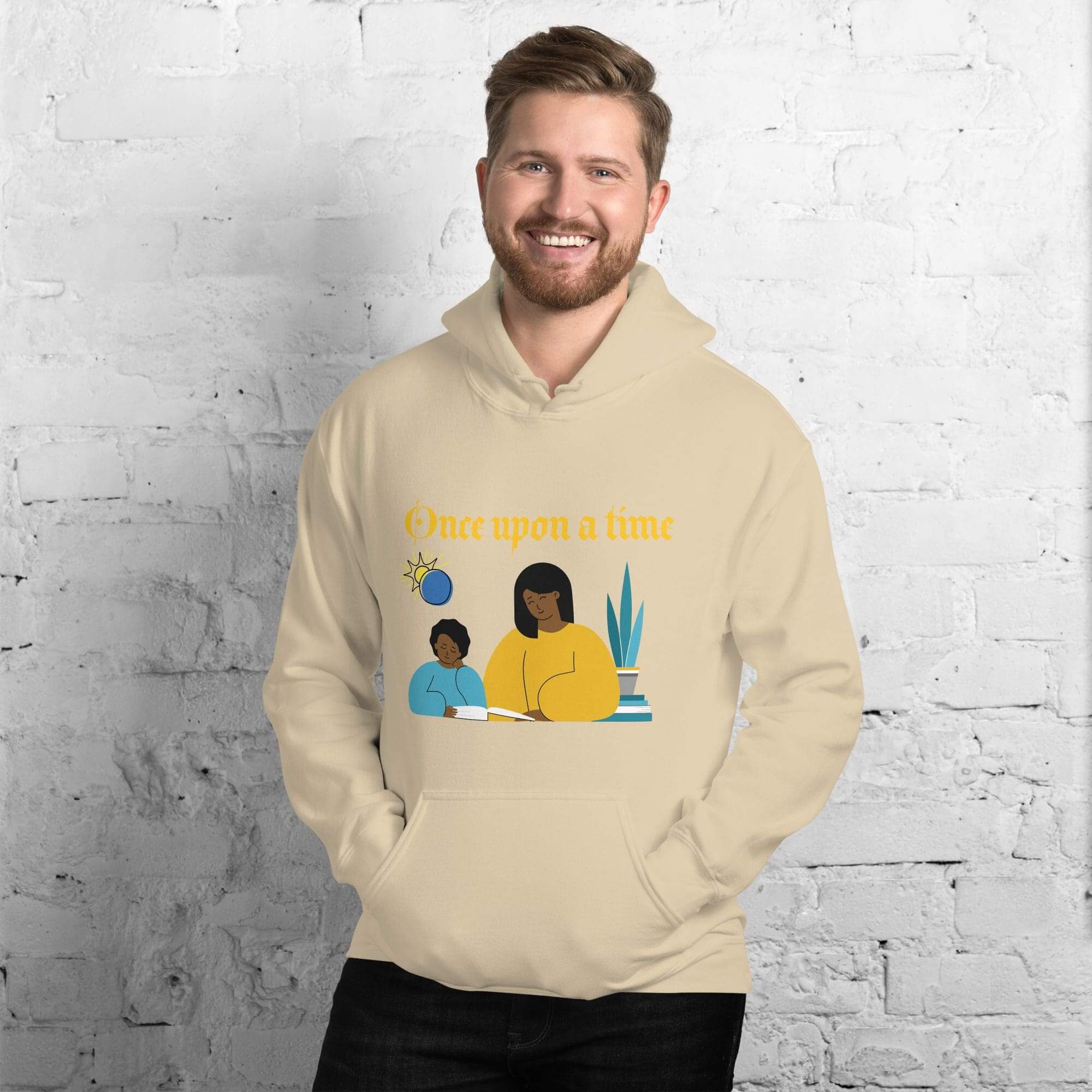 Man wearing hoodie with illustrated design.