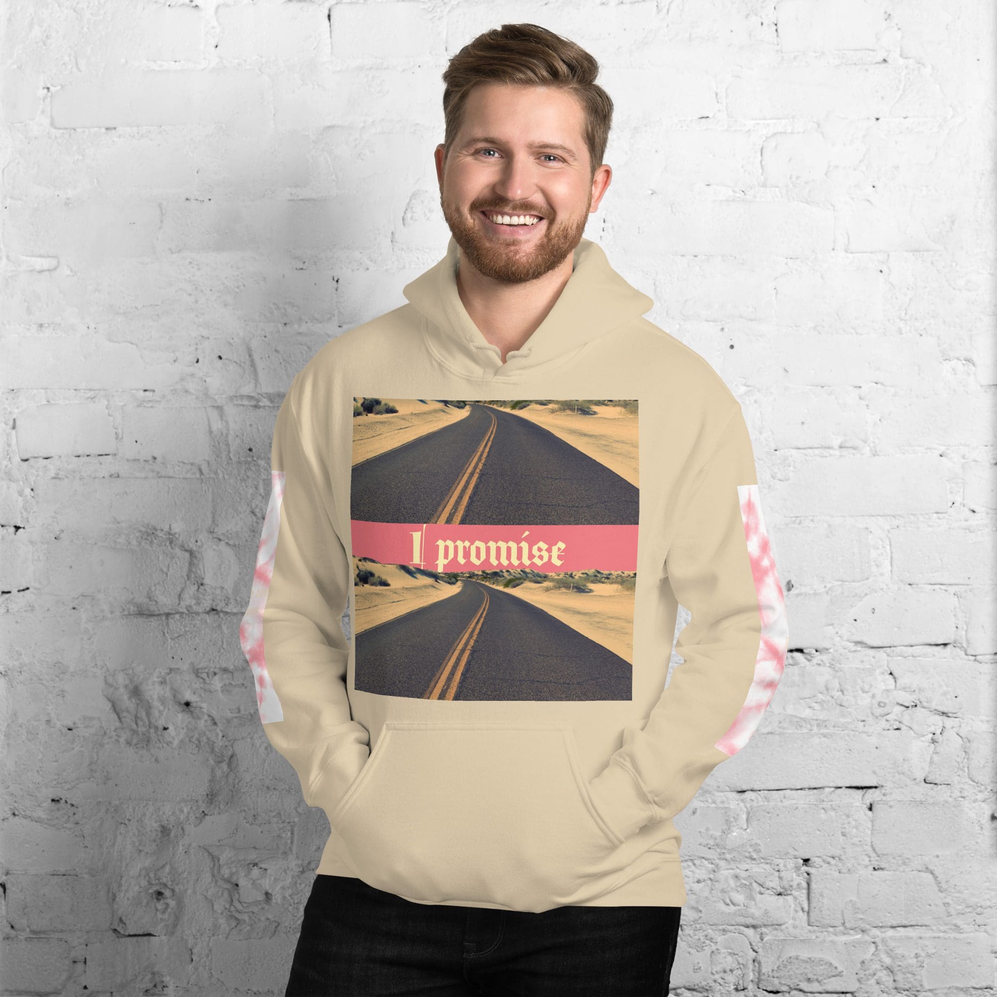 Man wearing hoodie with road print design.