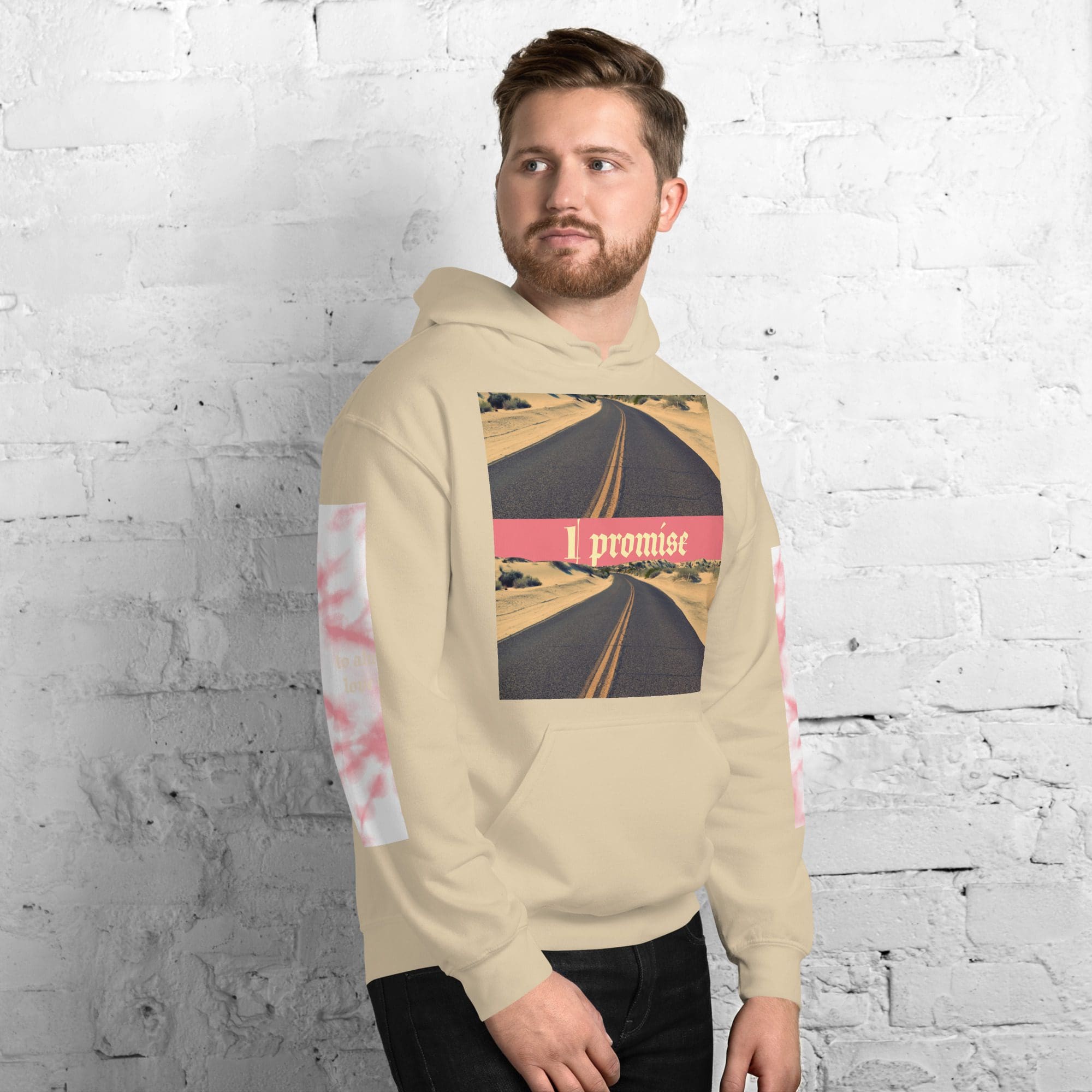 Man wearing beige hoodie with road design.
