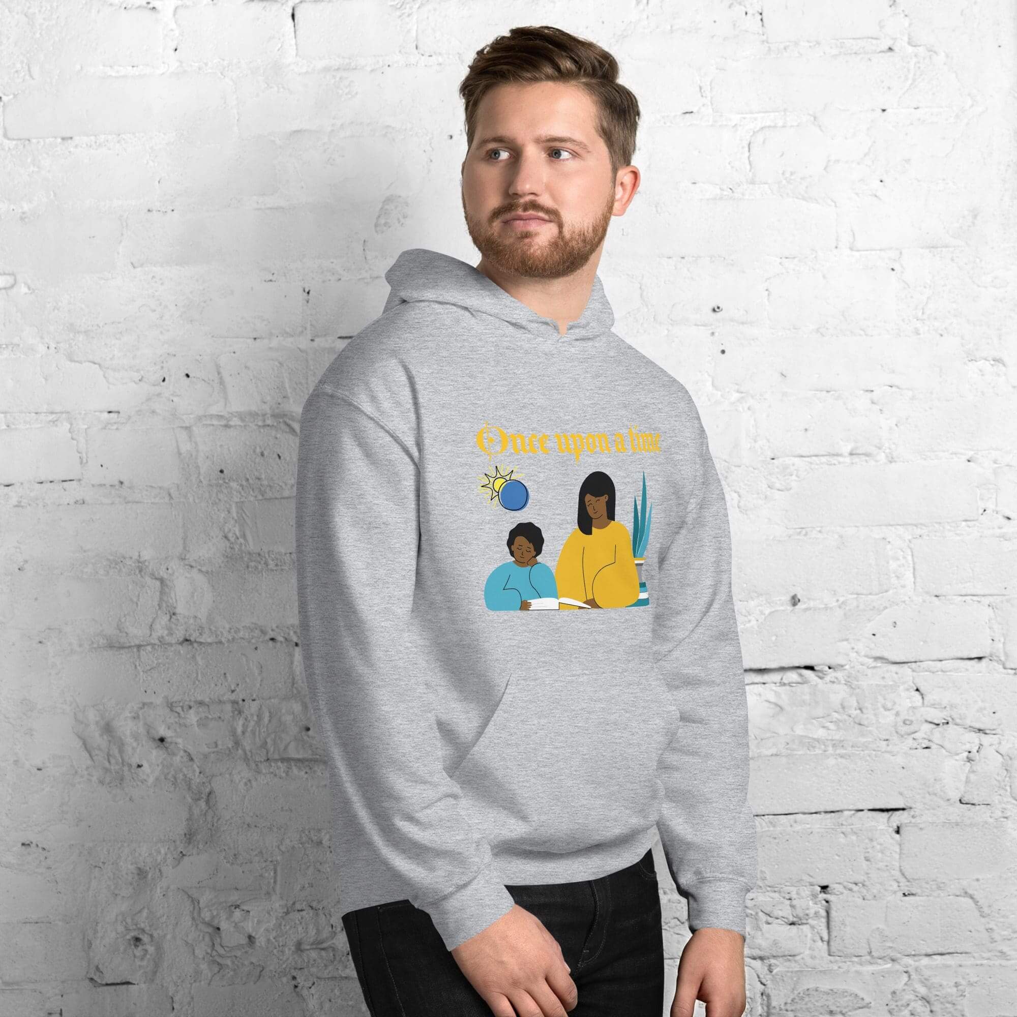 Man wearing gray hoodie with illustration.