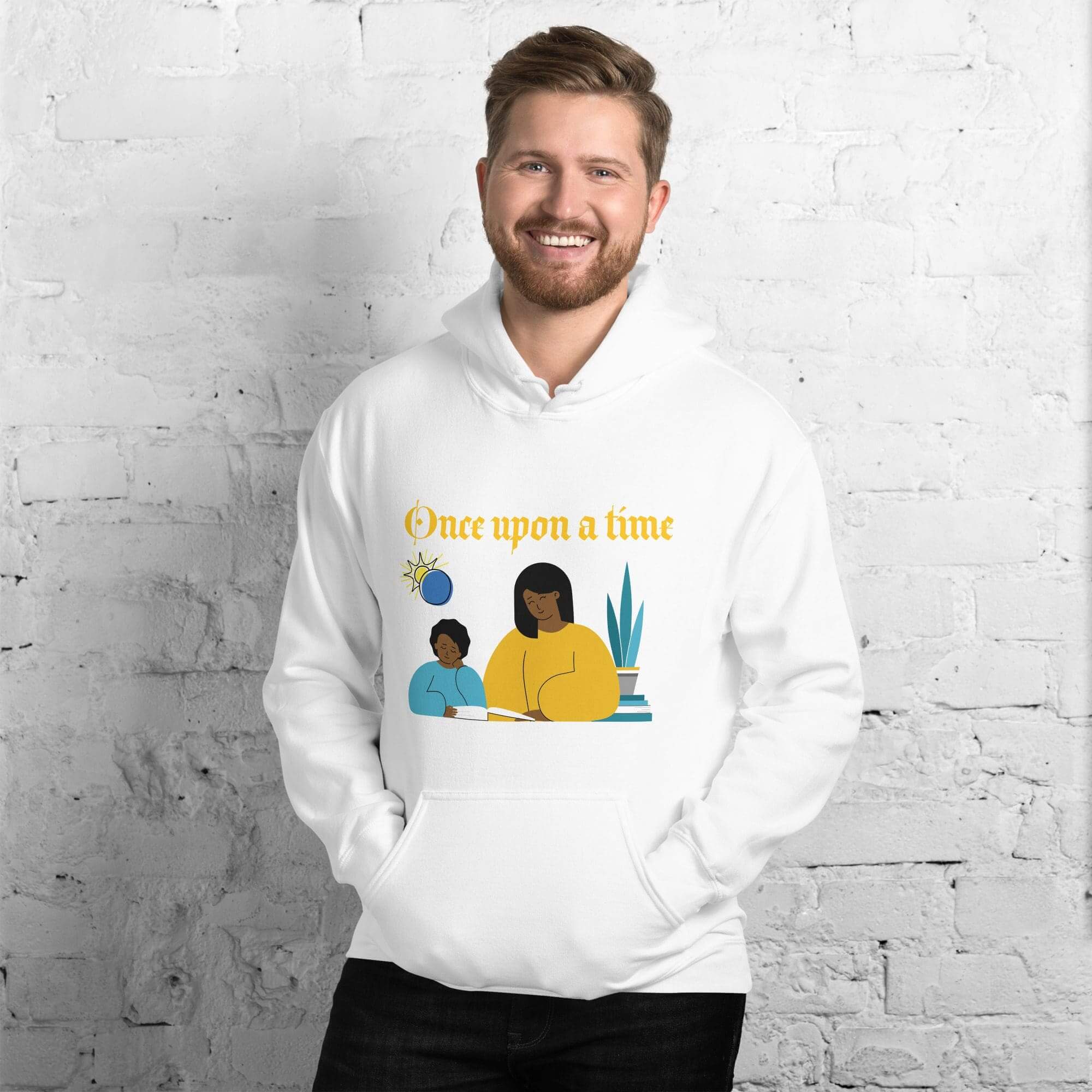 Man wearing illustrated "Once upon a time" hoodie.