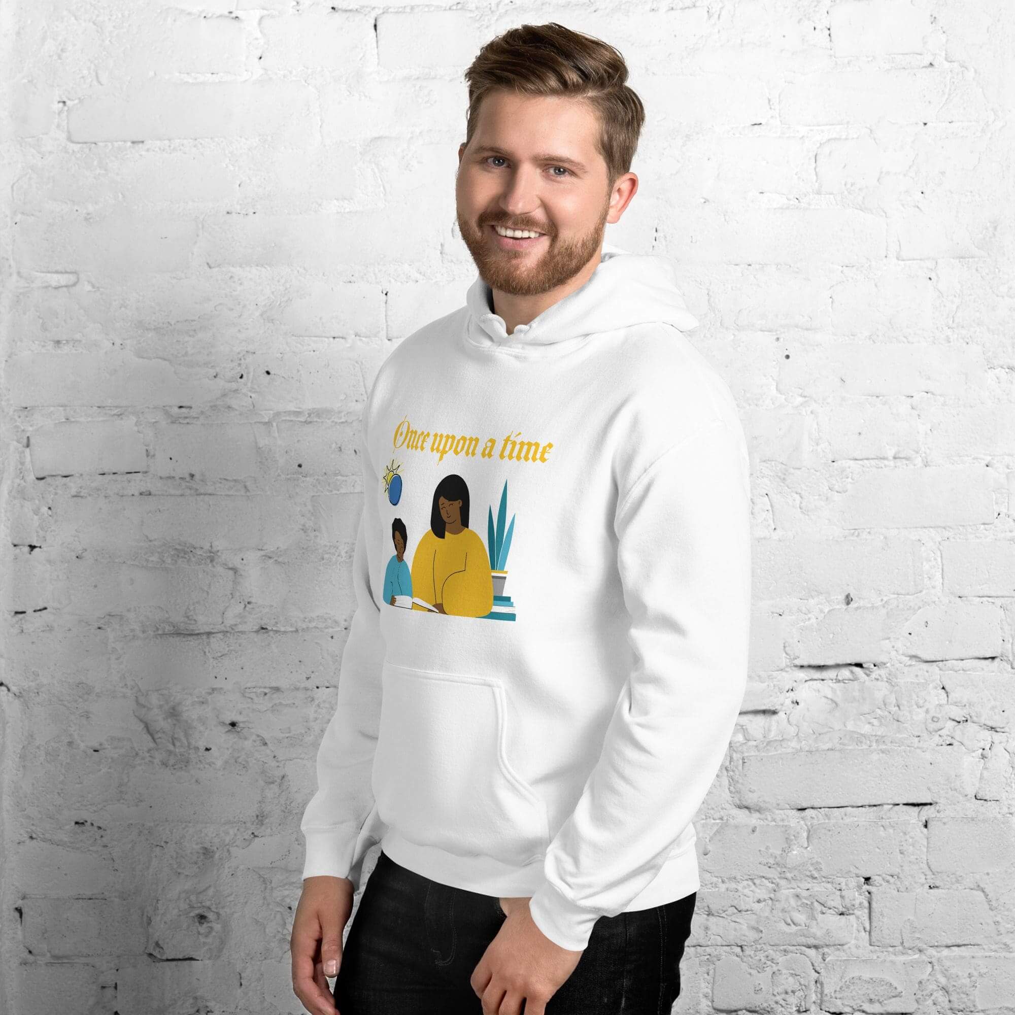 Smiling man wearing "Once Upon a Time" hoodie