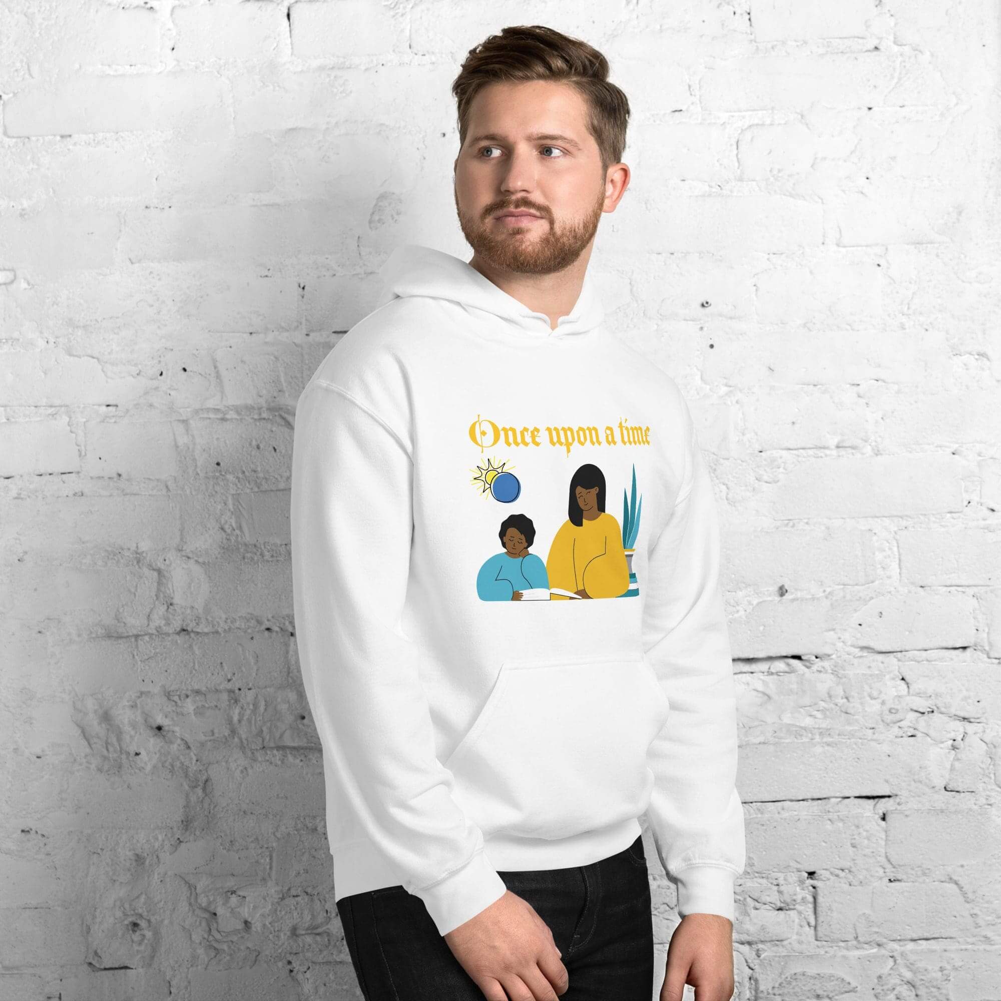 Man wearing a hoodie with illustrated design.